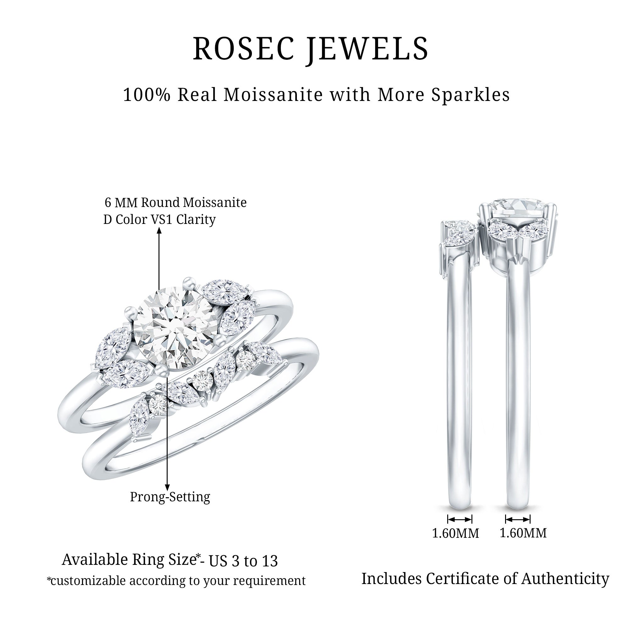 Round Cut Moissanite Bridal Ring Set with Certificate D-VS1 - Rosec Jewels