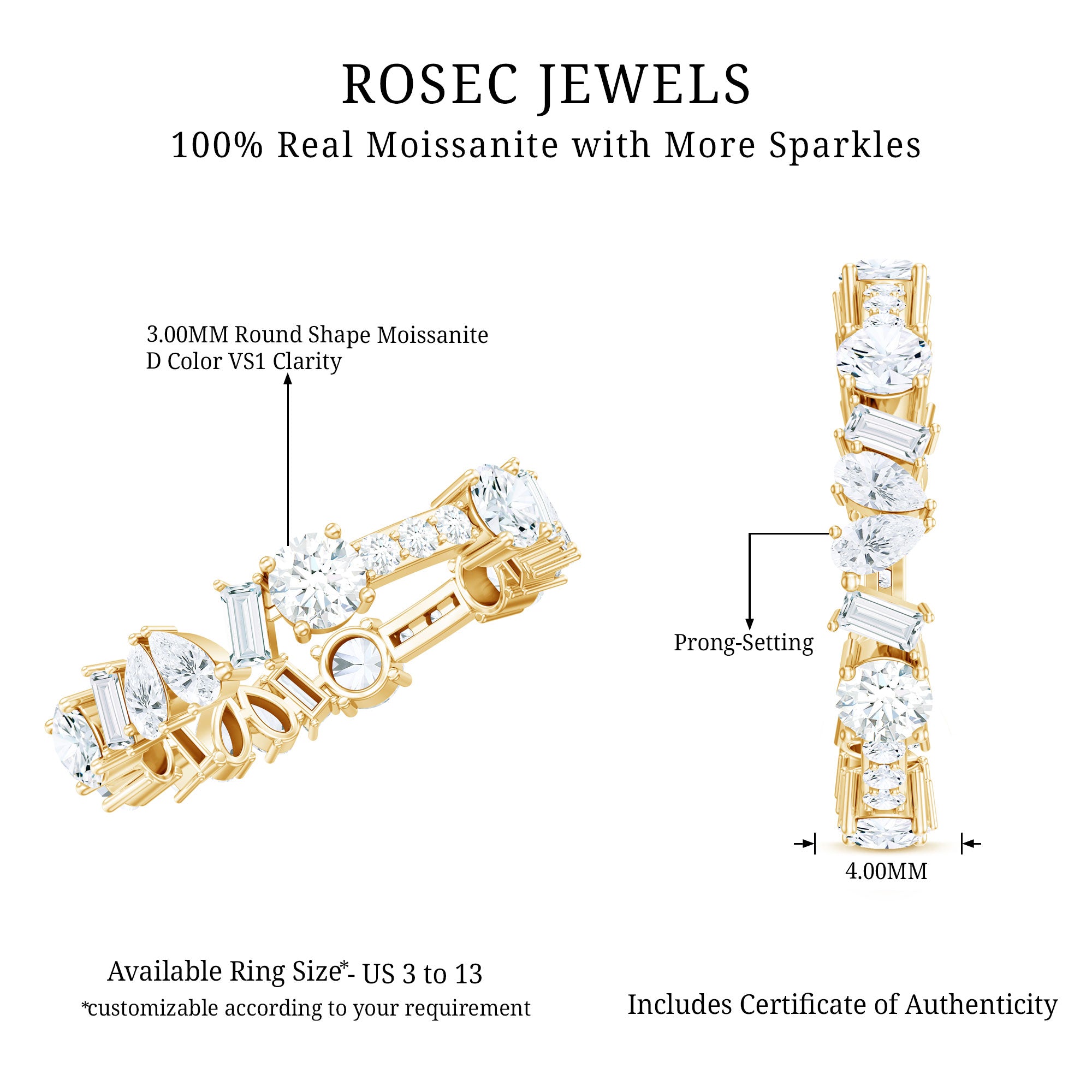 Certified Moissanite Designer Wedding Band Ring For Women D-VS1 - Rosec Jewels