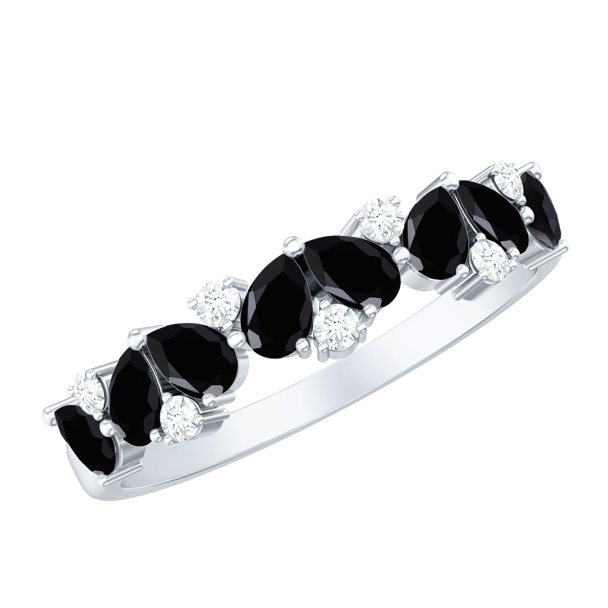 Natural Black Onyx and Diamond Half Eternity Band Ring AAA - Rosec Jewels