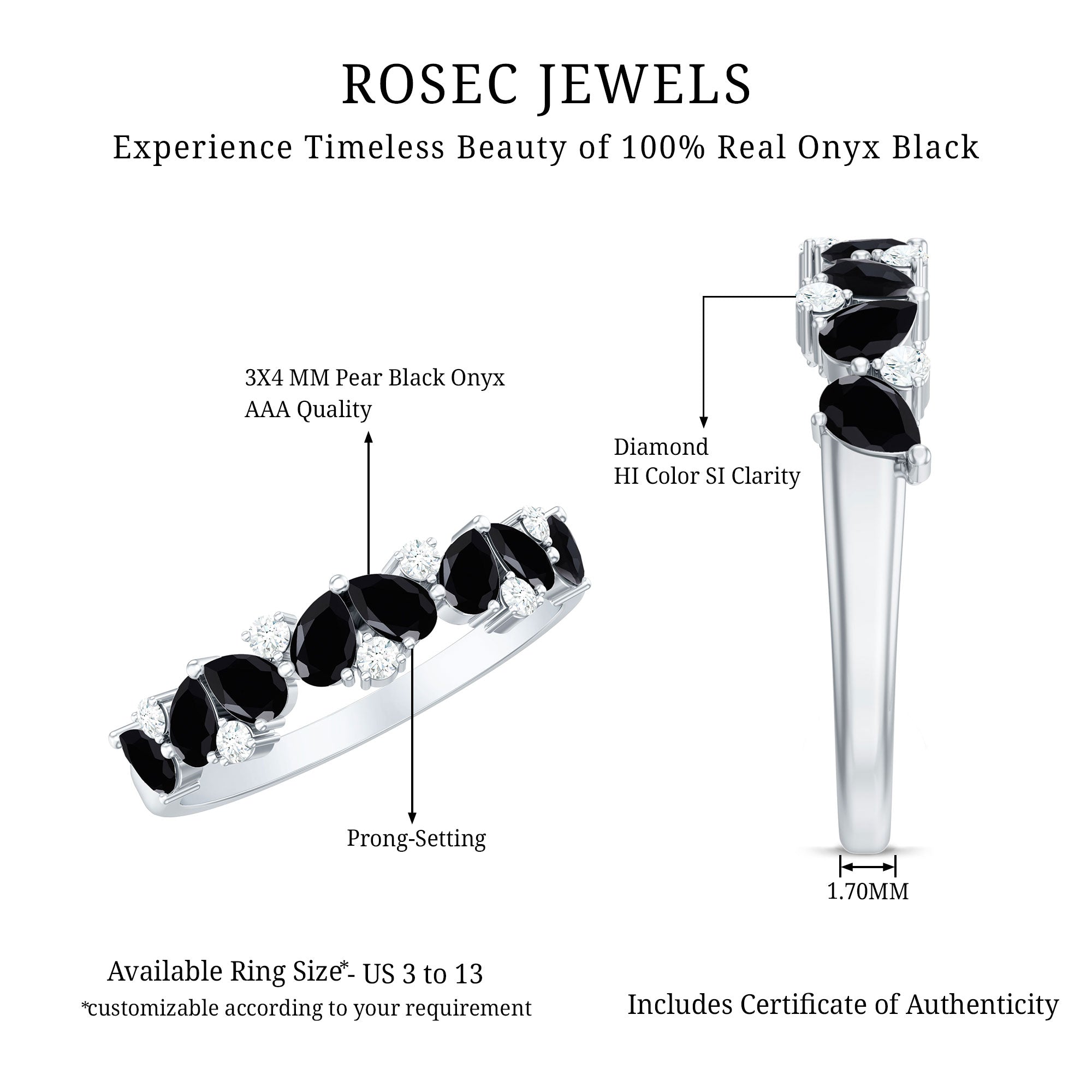 Natural Black Onyx and Diamond Half Eternity Band Ring AAA - Rosec Jewels