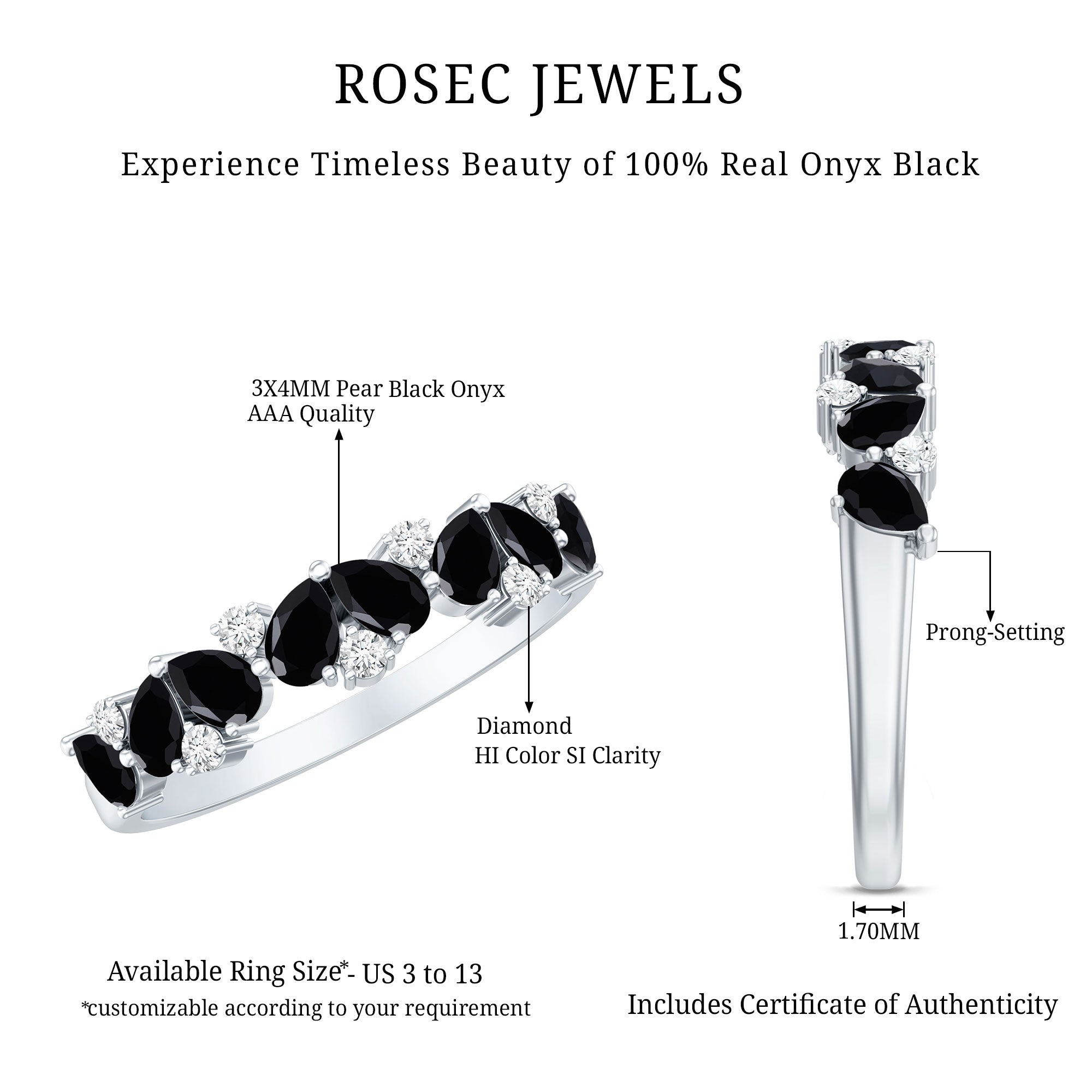 Natural Black Onyx and Diamond Half Eternity Band Ring AAA - Rosec Jewels