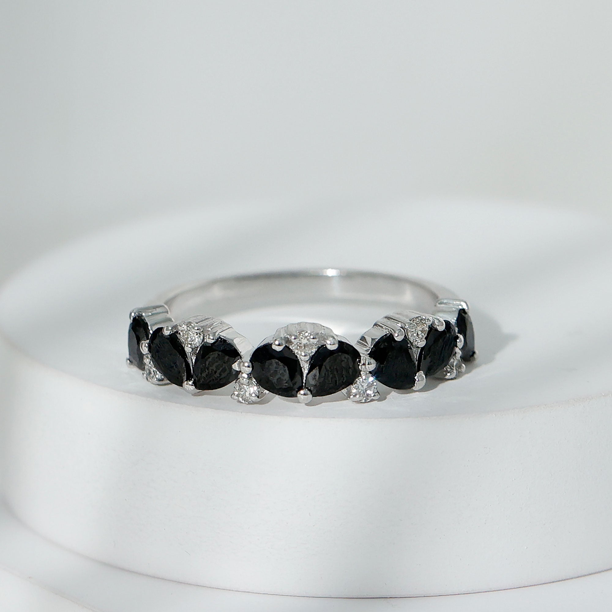 Natural Black Onyx and Diamond Half Eternity Band Ring AAA - Rosec Jewels