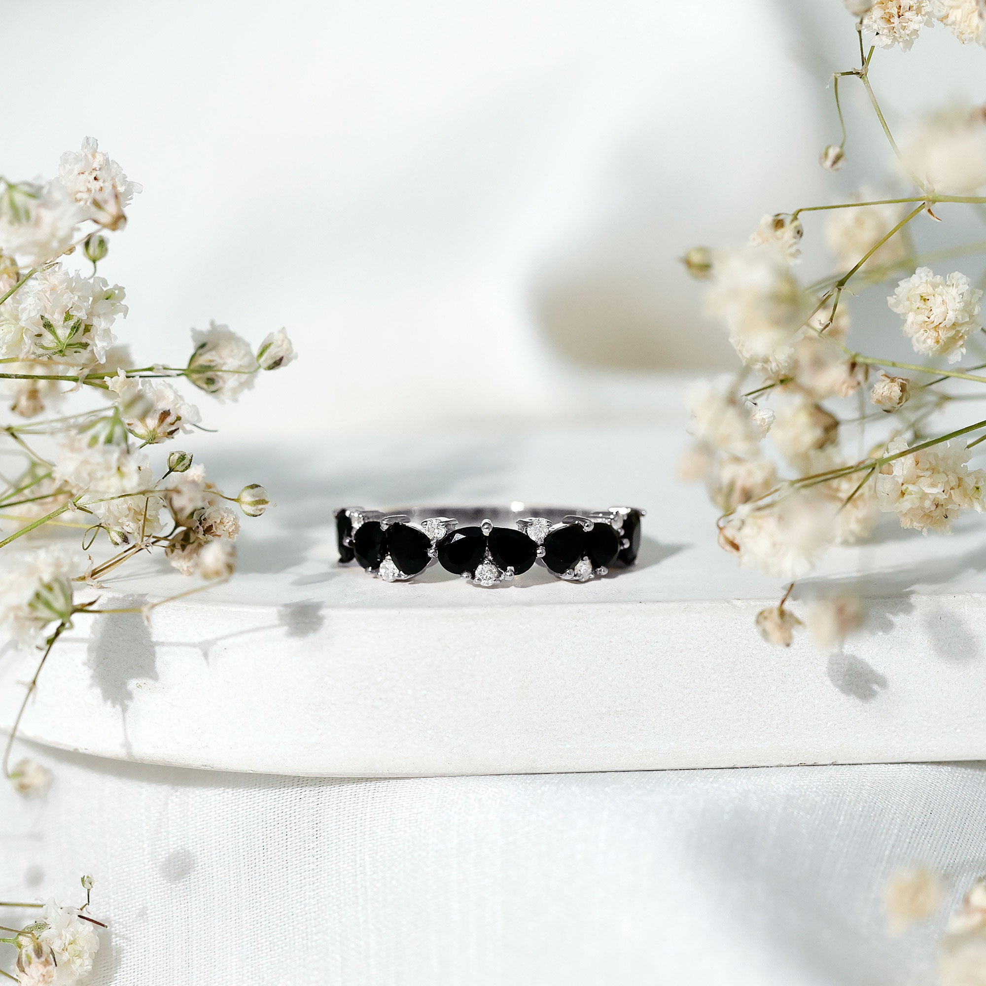 Natural Black Onyx and Diamond Half Eternity Band Ring AAA - Rosec Jewels