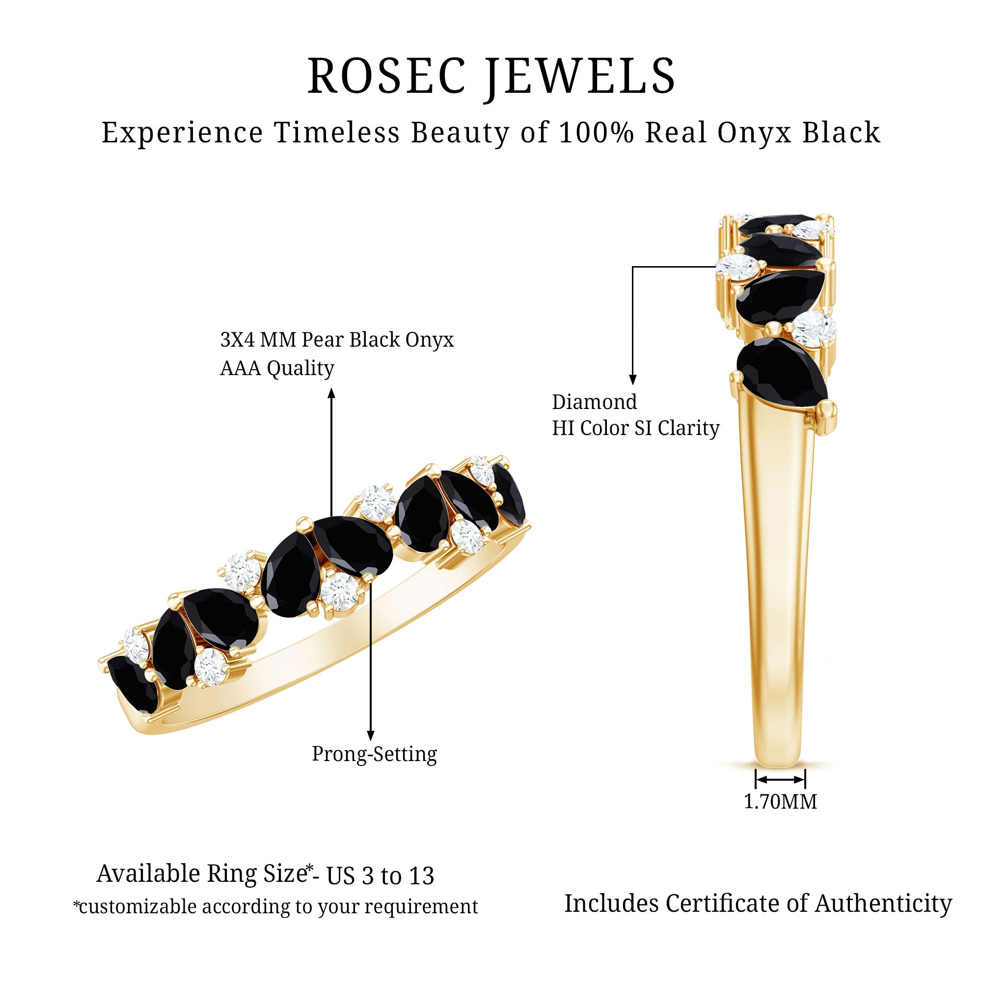 Natural Black Onyx and Diamond Half Eternity Band Ring AAA - Rosec Jewels
