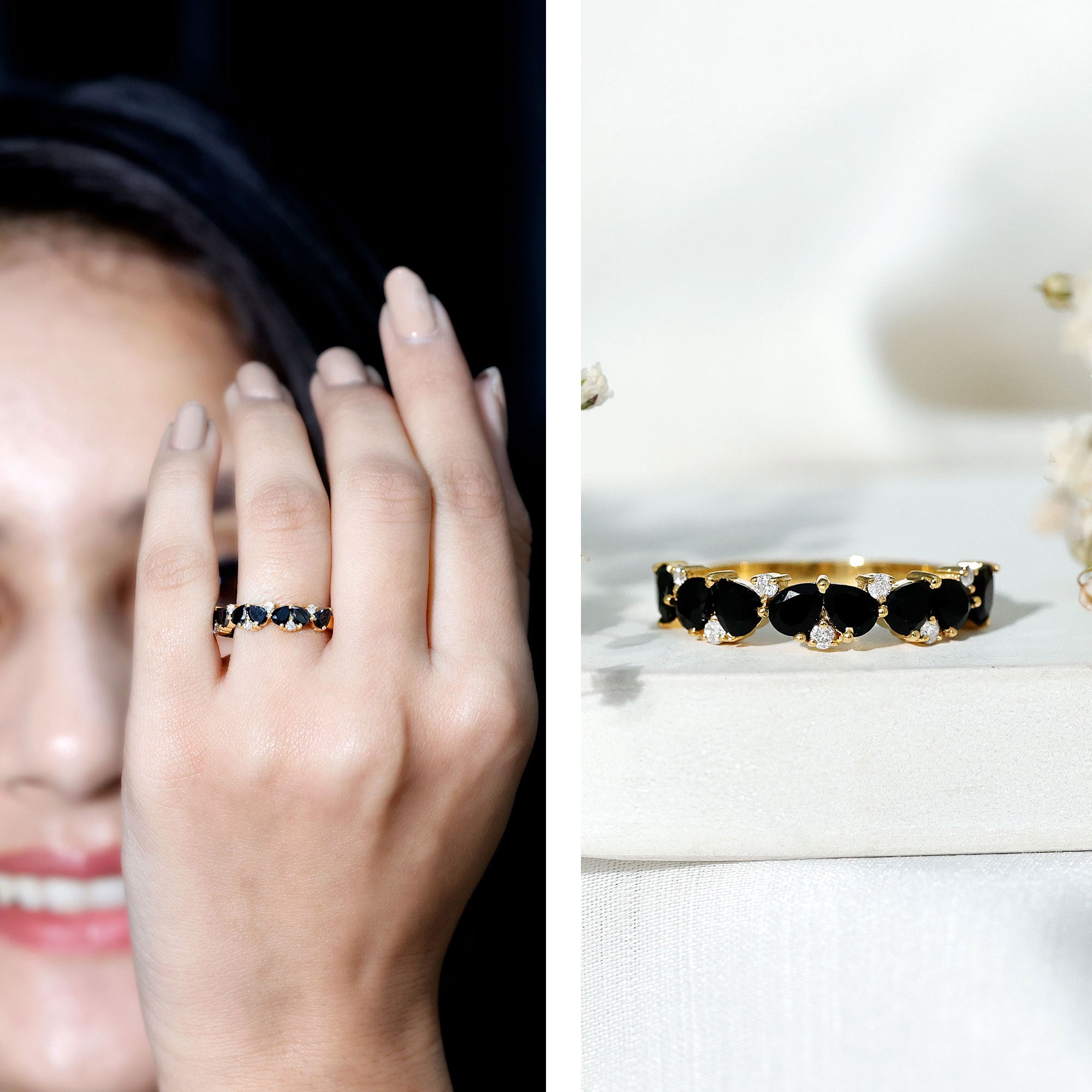 Natural Black Onyx and Diamond Half Eternity Band Ring AAA - Rosec Jewels