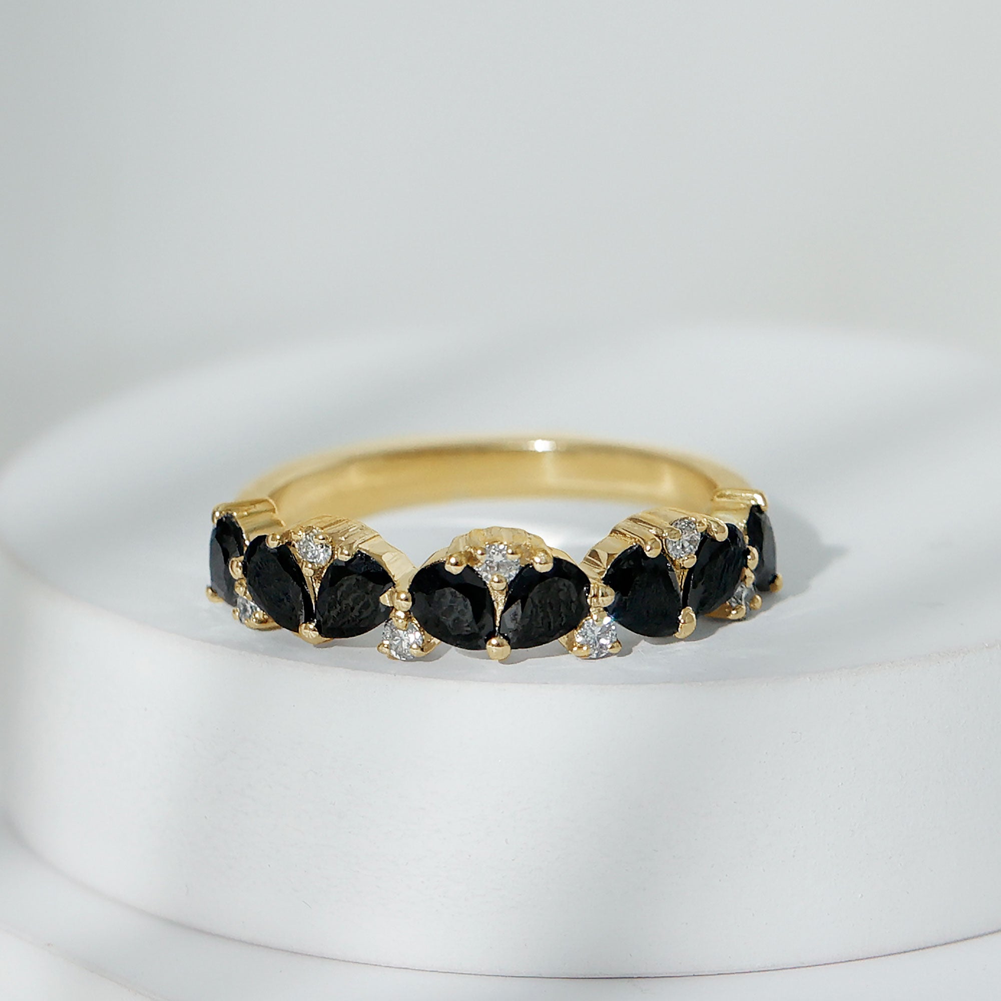 Natural Black Onyx and Diamond Half Eternity Band Ring AAA - Rosec Jewels