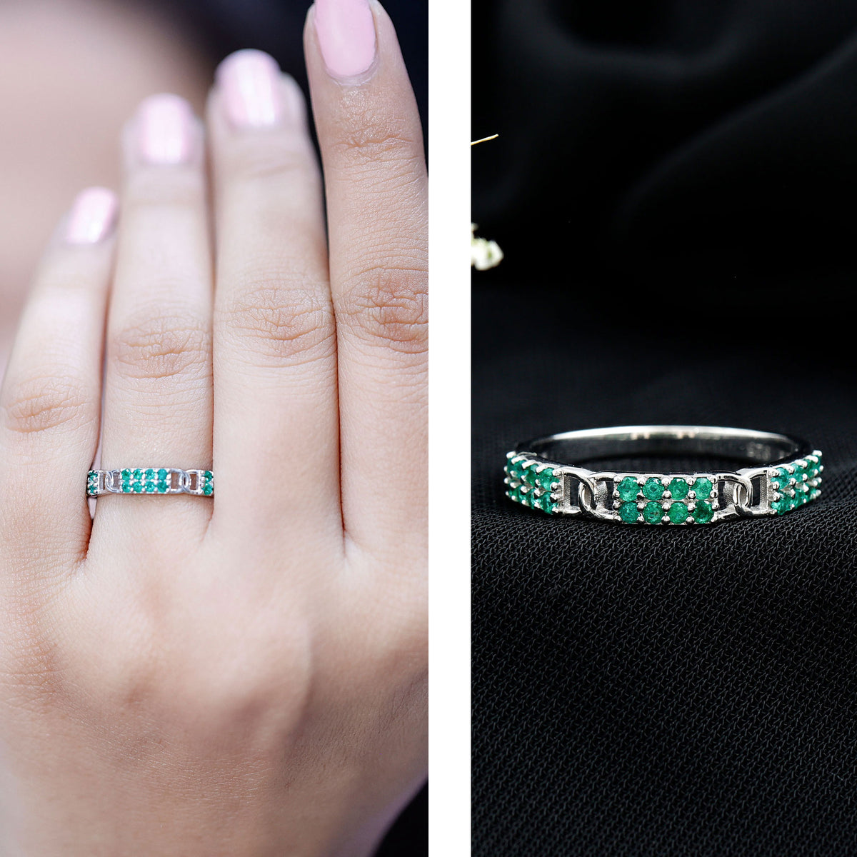 Real Emerald Interlocking Wedding Band with Certificate AAA - Rosec Jewels