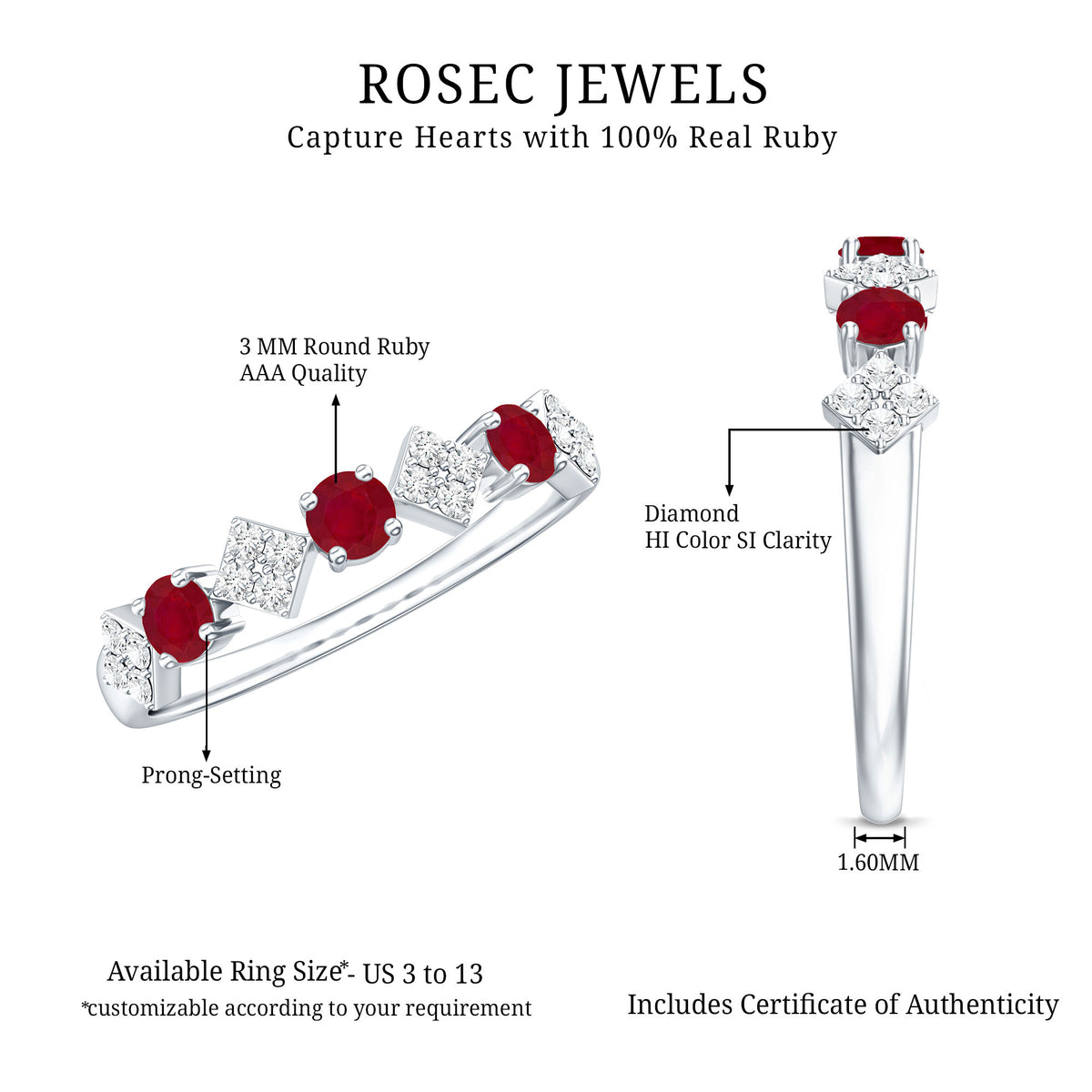 Real Ruby Diamond Half Eternity for Women AAA - Rosec Jewels
