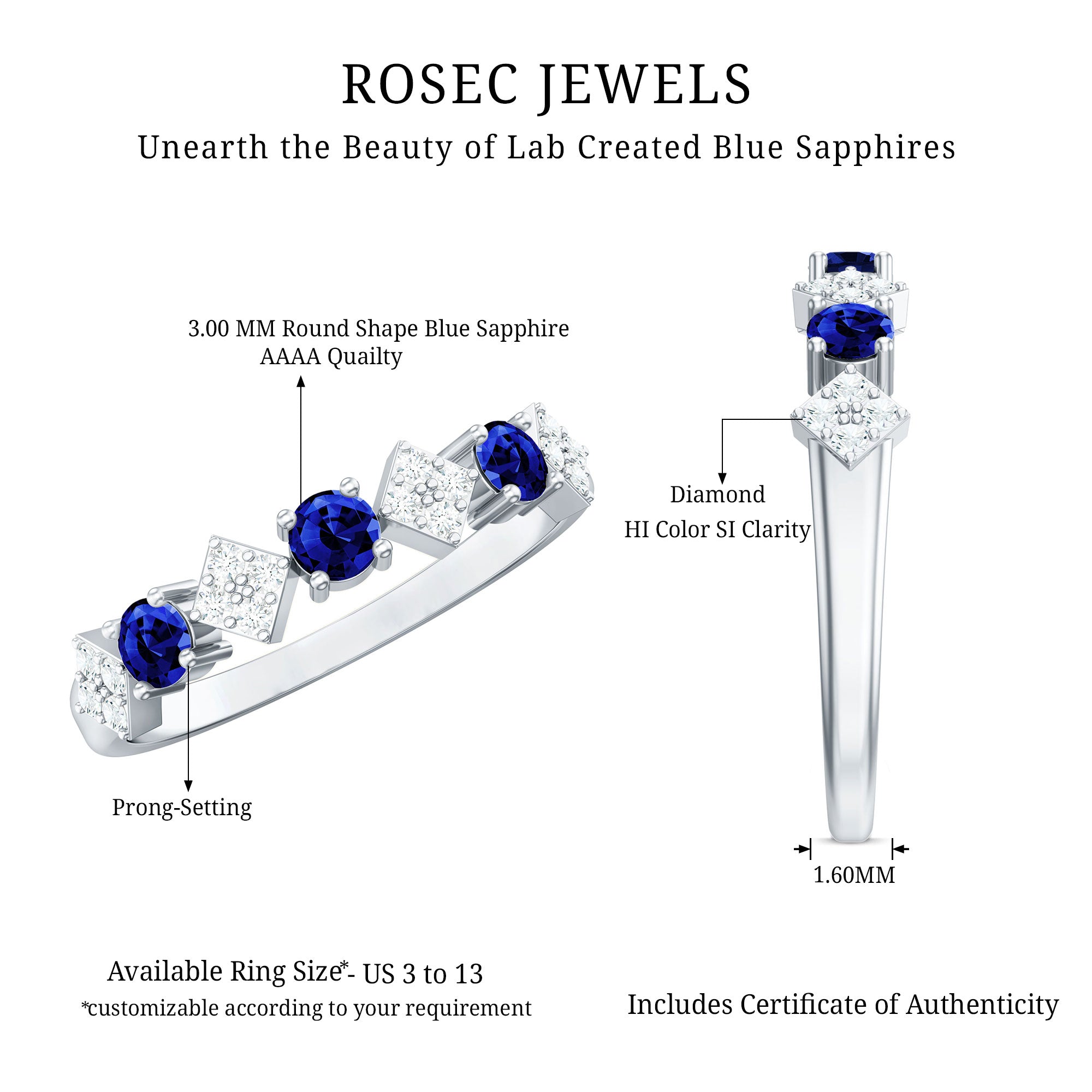 Certified Lab Grown Blue Sapphire Diamond Half Eternity Ring for Women AAAA - Rosec Jewels