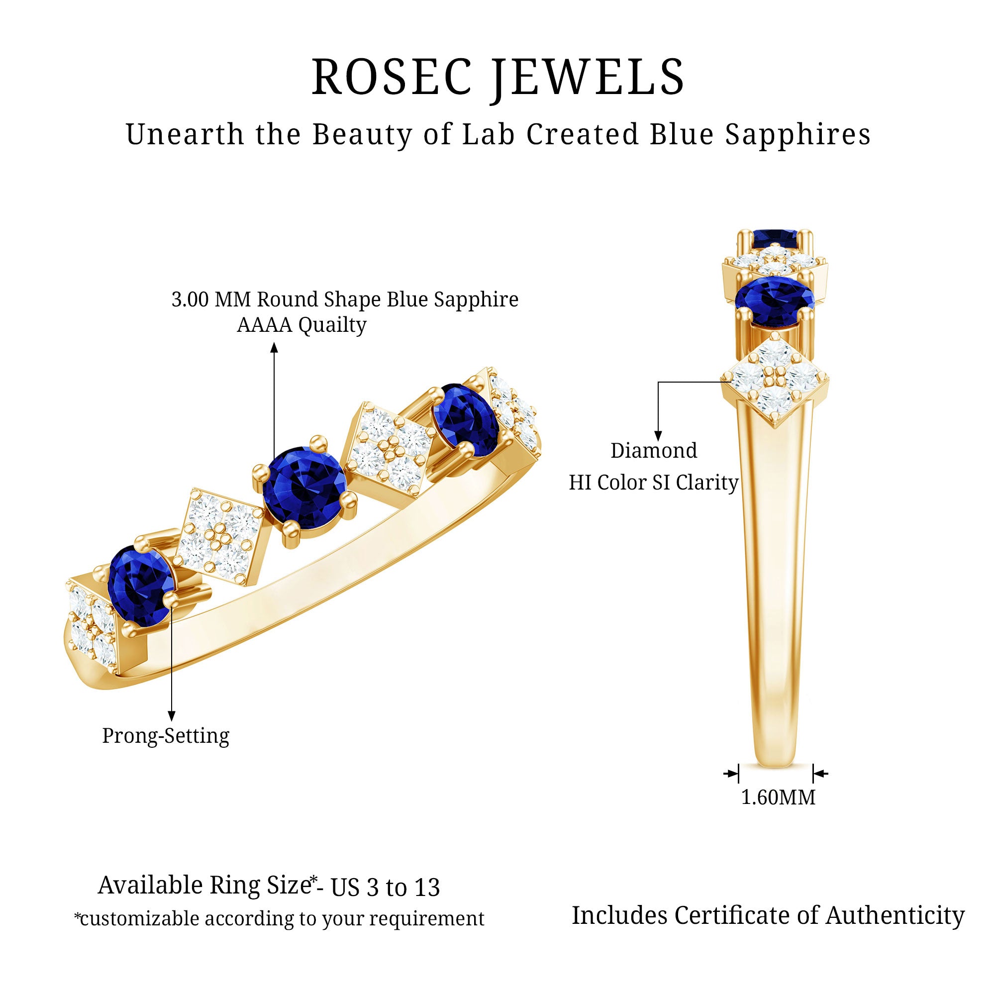 Certified Lab Grown Blue Sapphire Diamond Half Eternity Ring for Women AAAA - Rosec Jewels