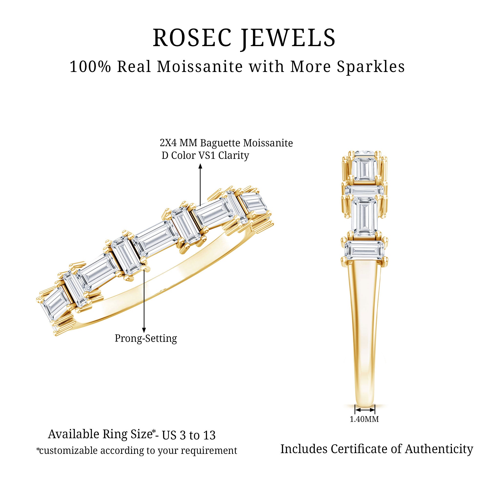 Baguette Cut Moissanite Designer Half Eternity Ring D-VS1 - Rosec Jewels