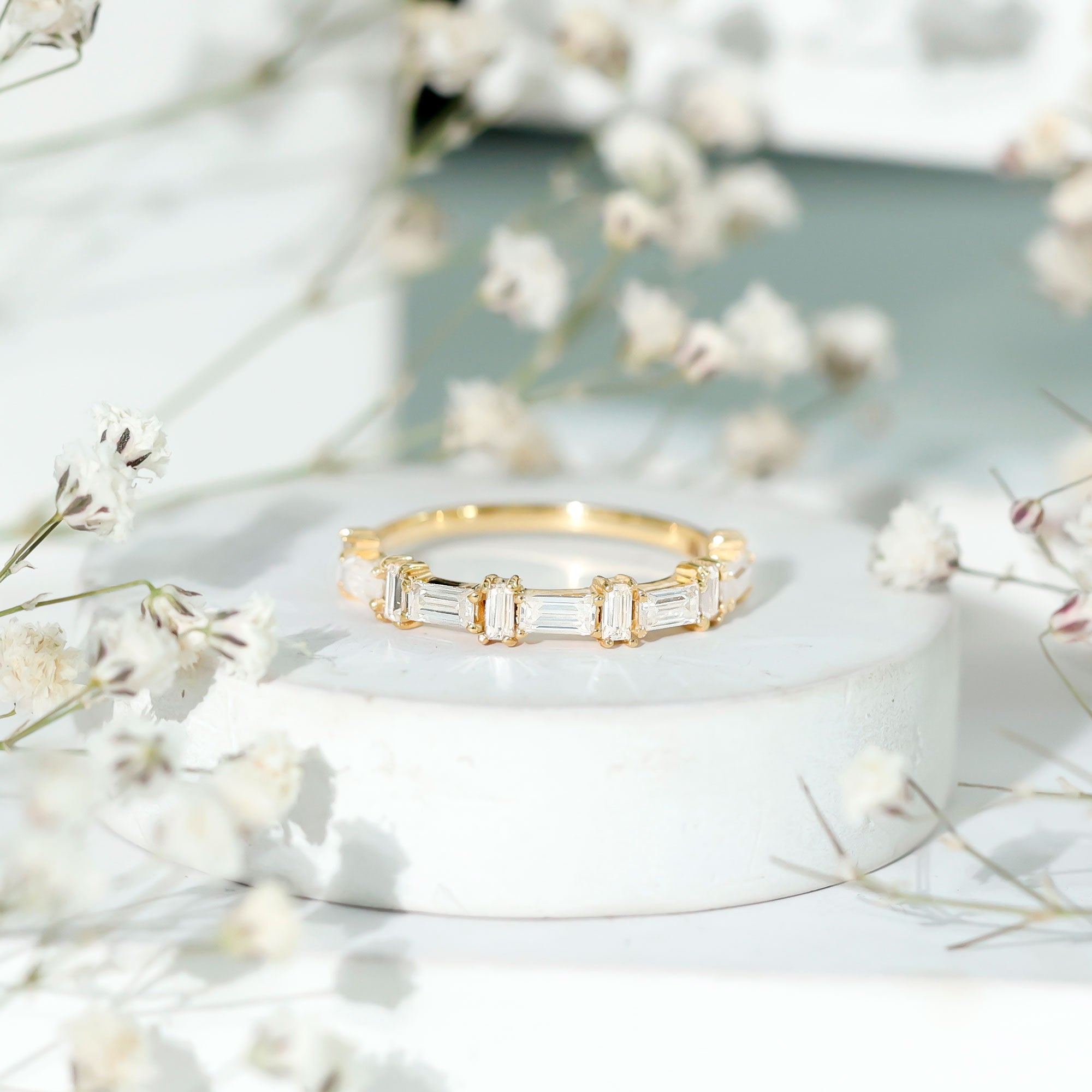 Baguette Cut Moissanite Designer Half Eternity Ring D-VS1 - Rosec Jewels