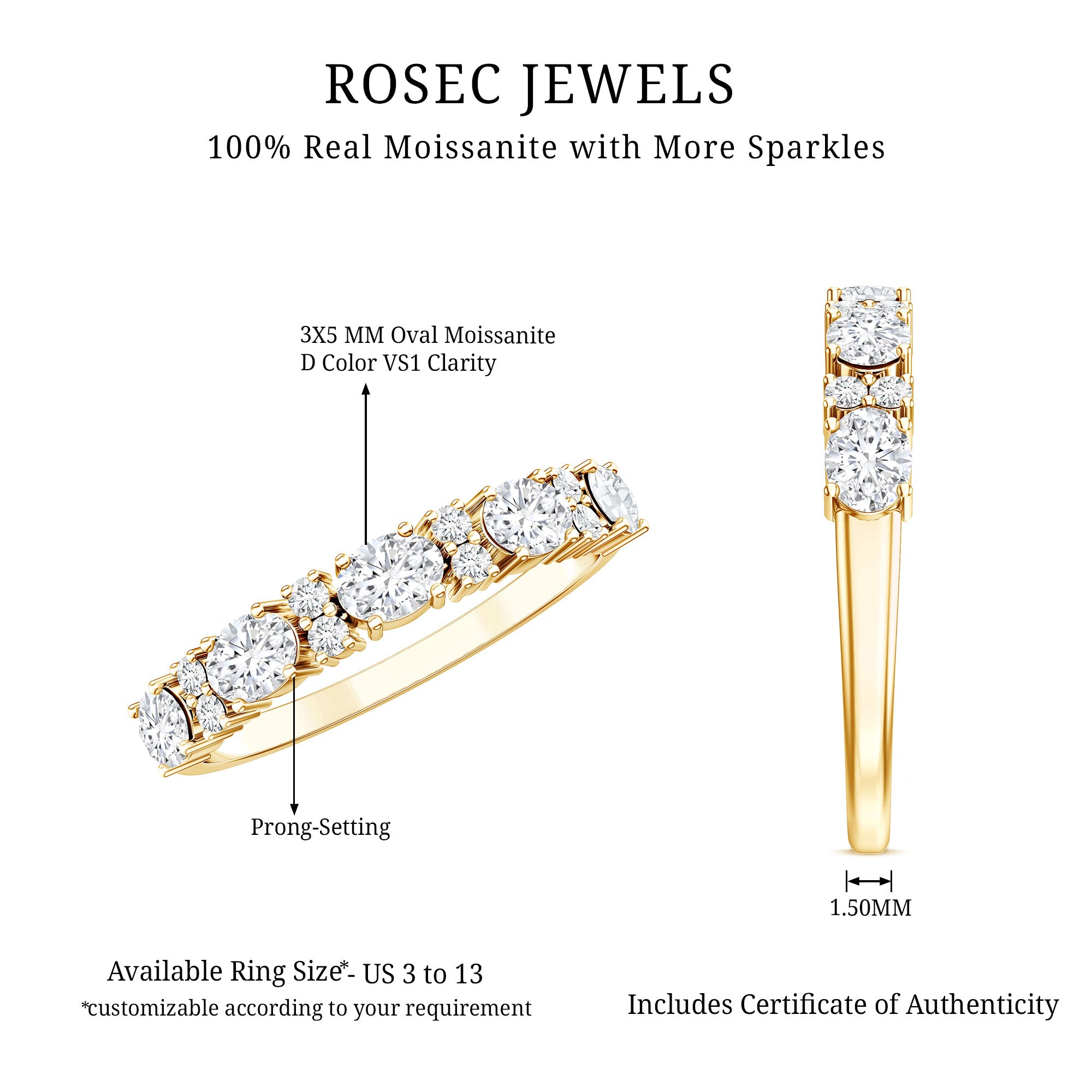 Certified Moissanite East West Eternity Band D-VS1 - Rosec Jewels