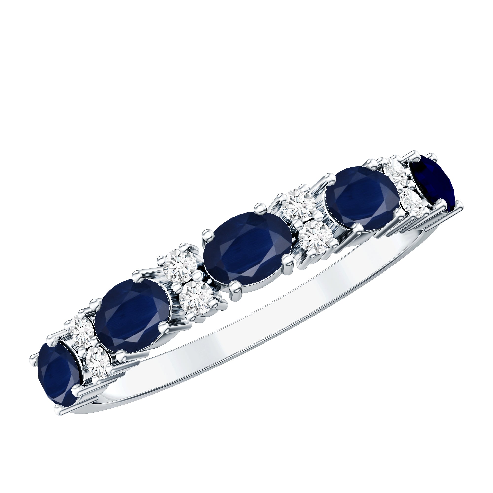 Natural 0.8 Carat Oval Blue Sapphire and Diamond Half Eternity Wedding Band AAA - Rosec Jewels