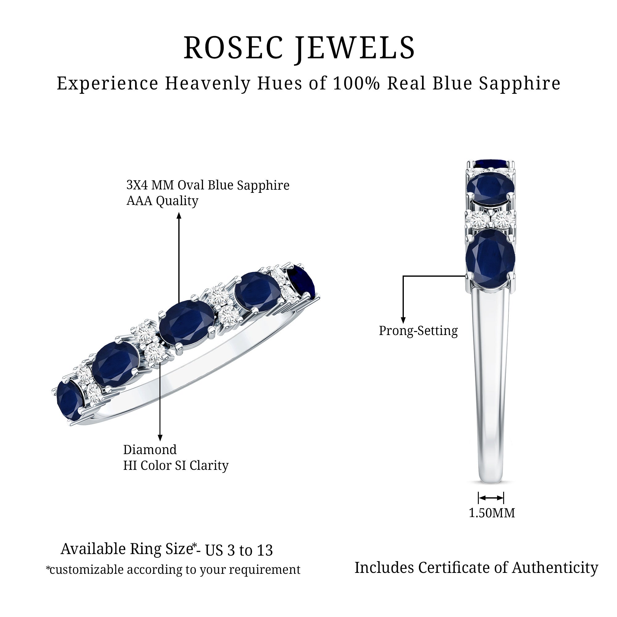 Natural 0.8 Carat Oval Blue Sapphire and Diamond Half Eternity Wedding Band AAA - Rosec Jewels