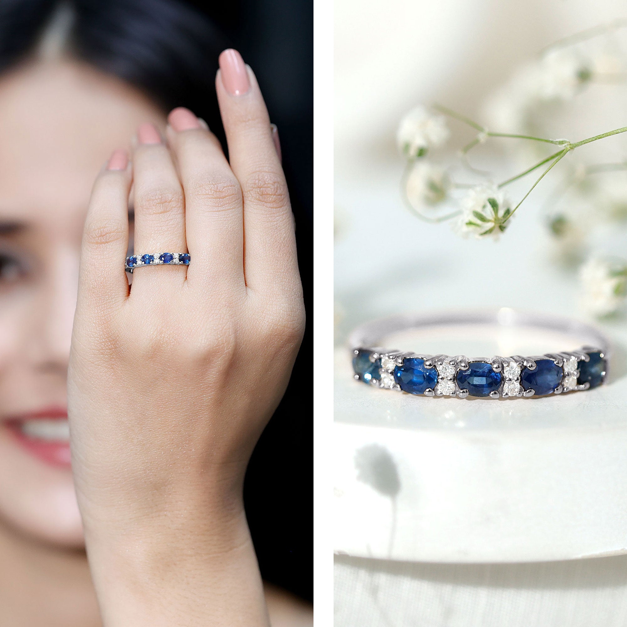Natural 0.8 Carat Oval Blue Sapphire and Diamond Half Eternity Wedding Band AAA - Rosec Jewels