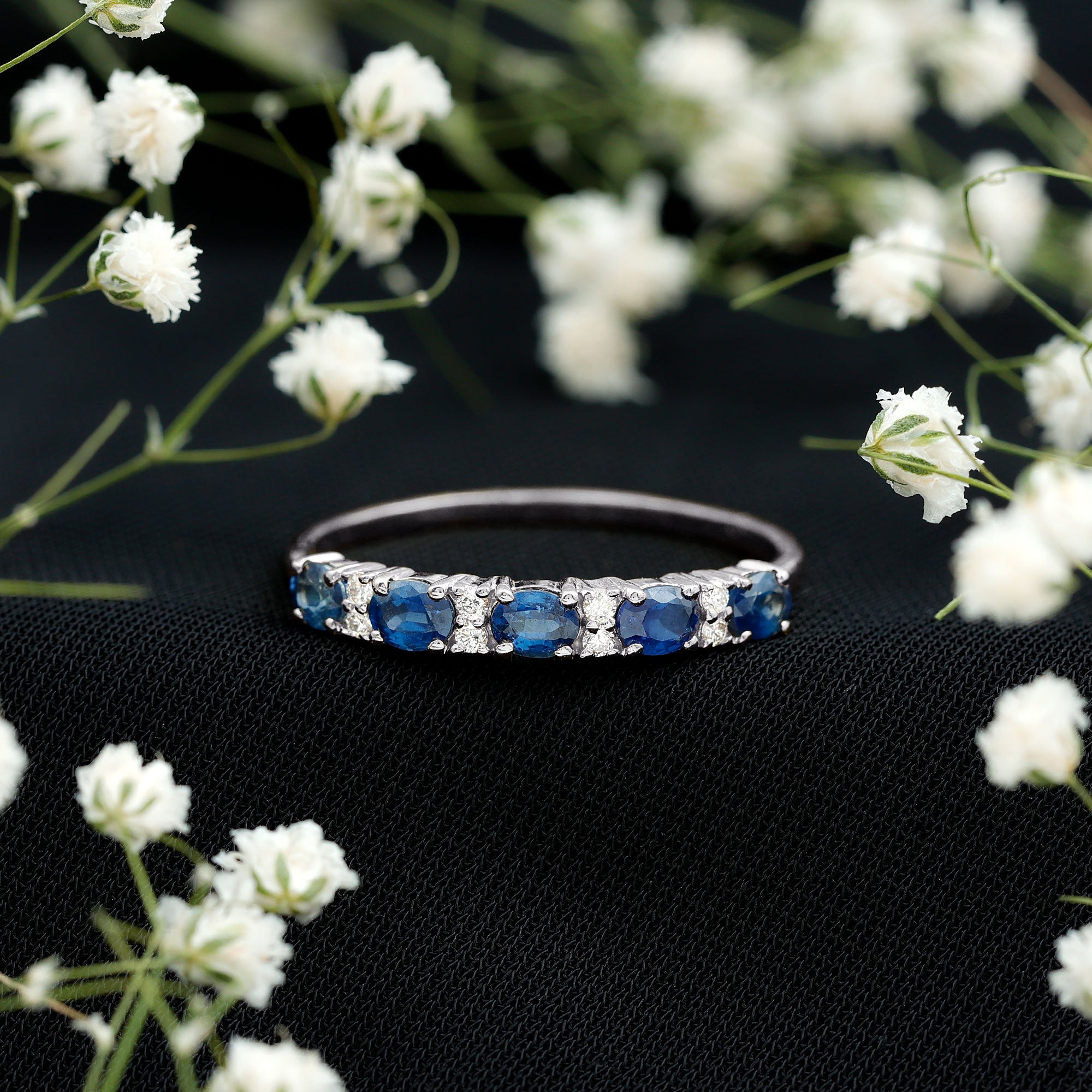 Natural 0.8 Carat Oval Blue Sapphire and Diamond Half Eternity Wedding Band AAA - Rosec Jewels