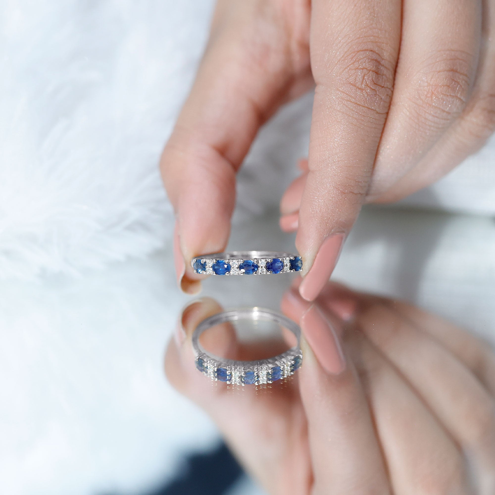 Natural 0.8 Carat Oval Blue Sapphire and Diamond Half Eternity Wedding Band AAA - Rosec Jewels