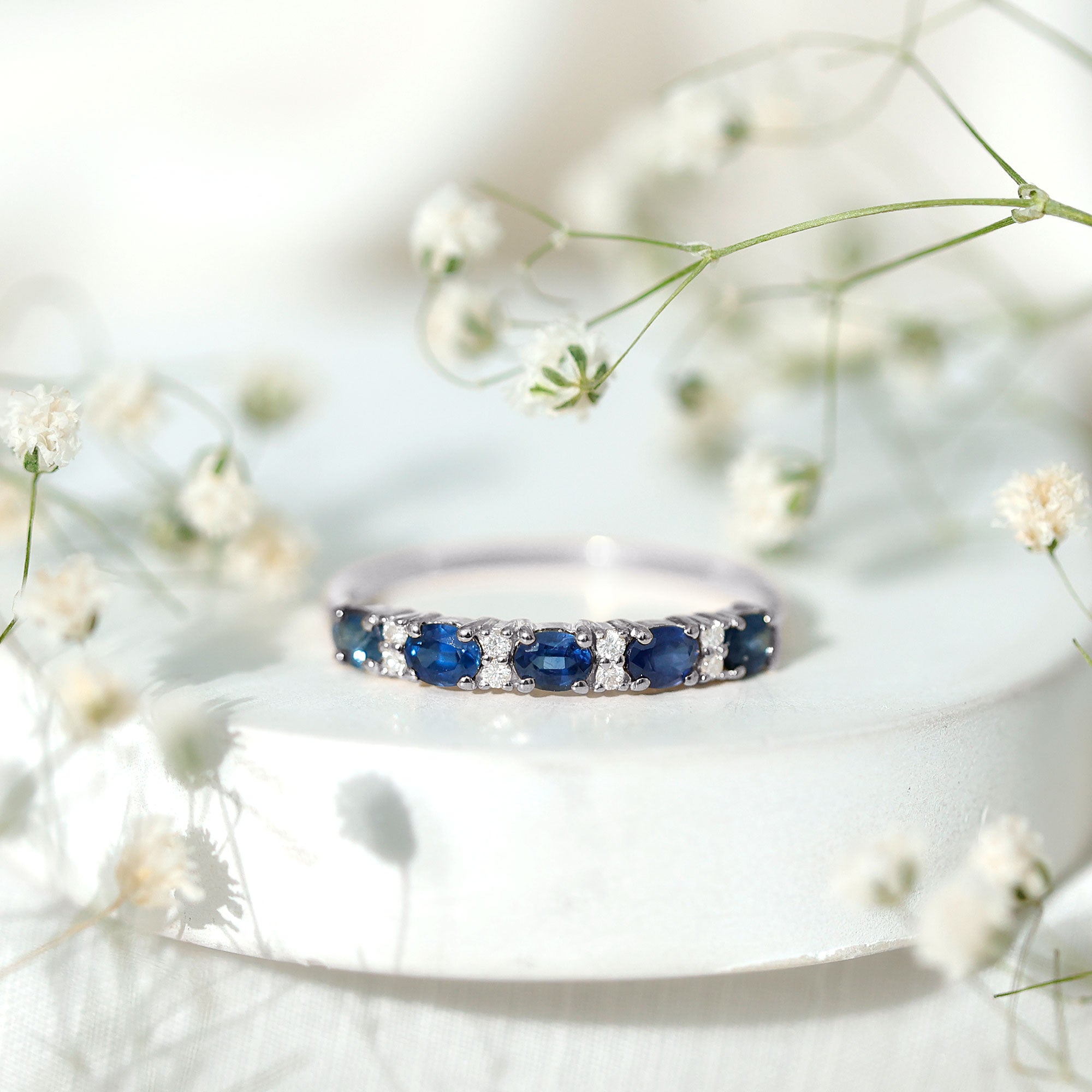Natural 0.8 Carat Oval Blue Sapphire and Diamond Half Eternity Wedding Band AAA - Rosec Jewels