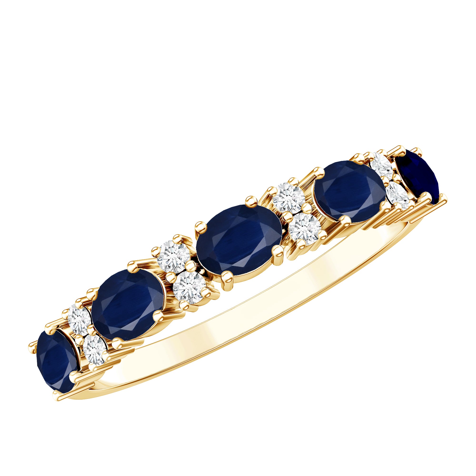 Natural 0.8 Carat Oval Blue Sapphire and Diamond Half Eternity Wedding Band AAA - Rosec Jewels
