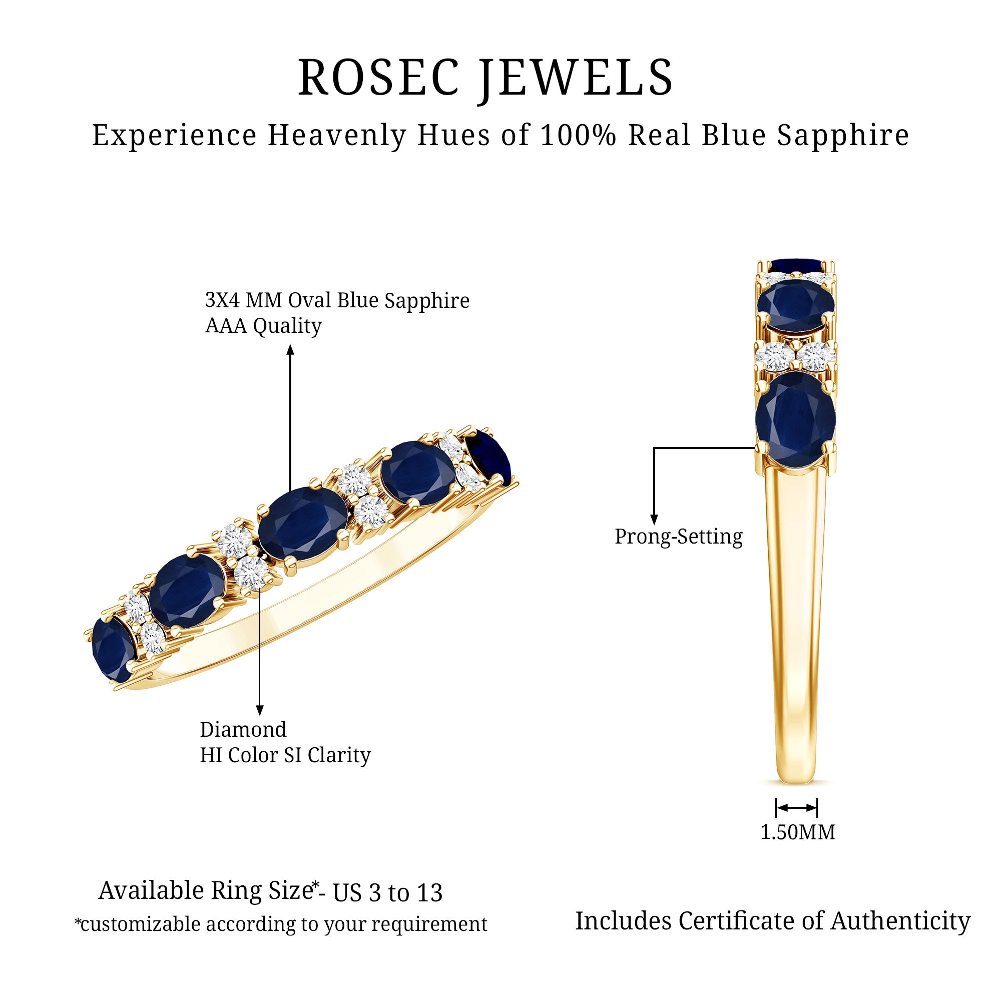 Natural 0.8 Carat Oval Blue Sapphire and Diamond Half Eternity Wedding Band AAA - Rosec Jewels