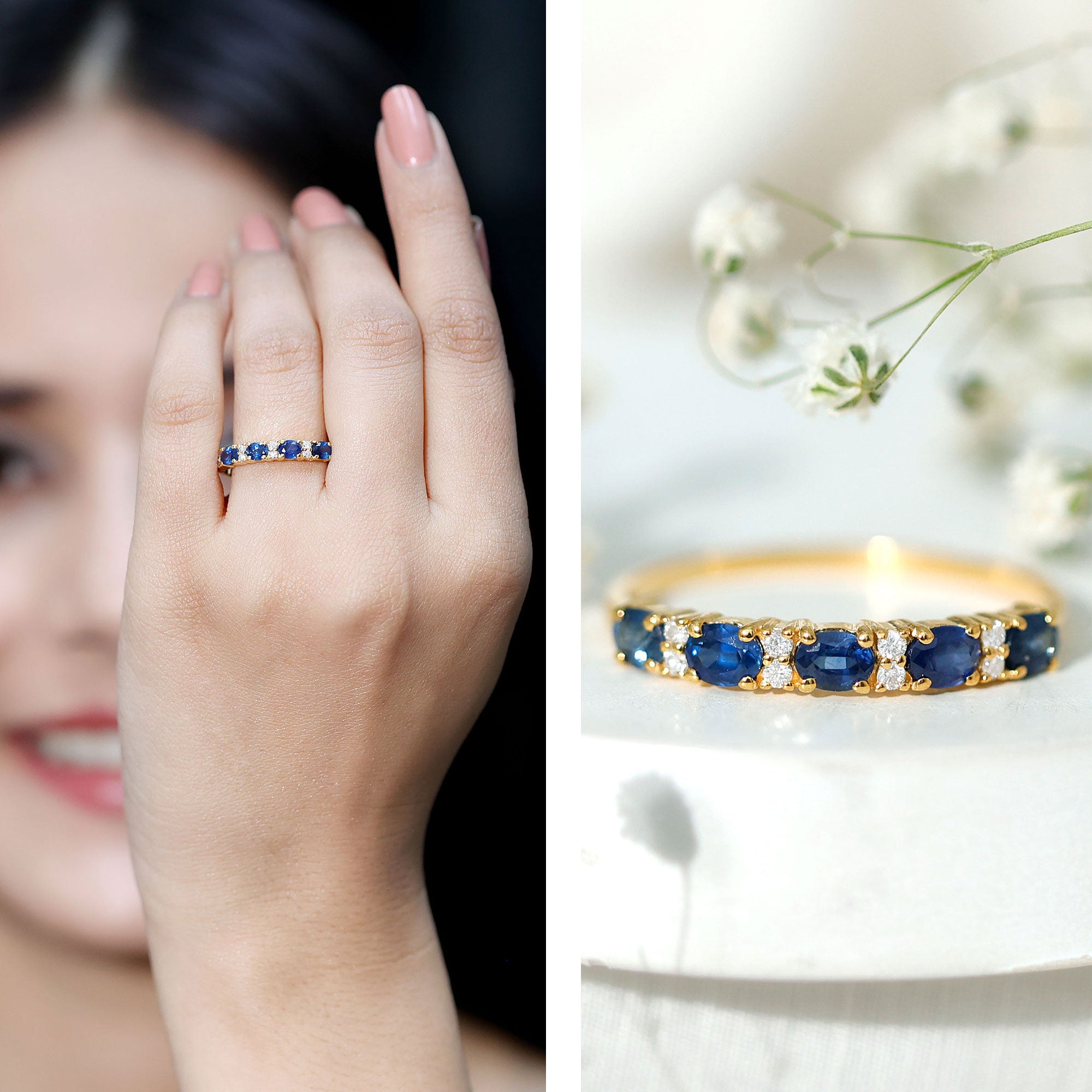 Natural 0.8 Carat Oval Blue Sapphire and Diamond Half Eternity Wedding Band AAA - Rosec Jewels