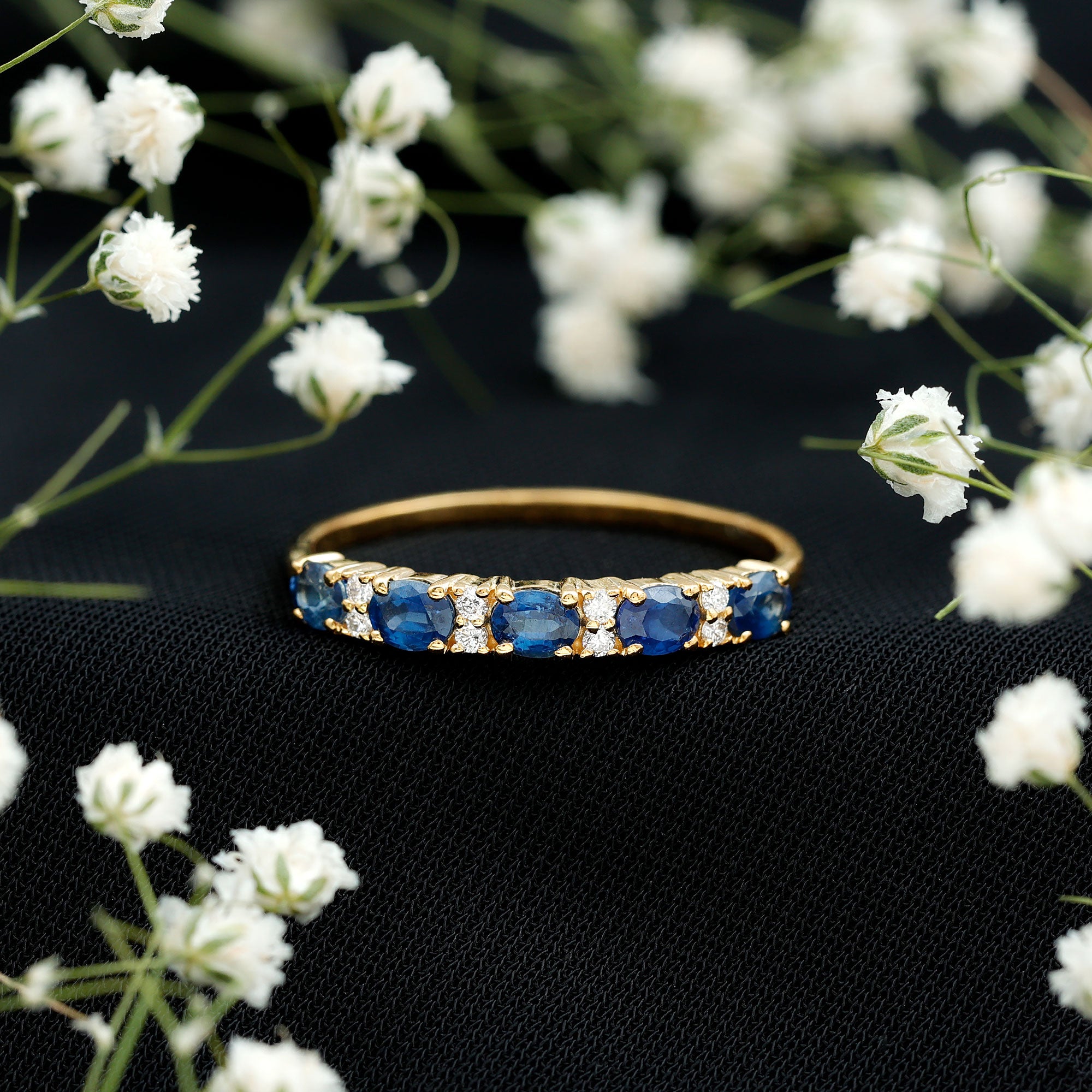 Natural 0.8 Carat Oval Blue Sapphire and Diamond Half Eternity Wedding Band AAA - Rosec Jewels
