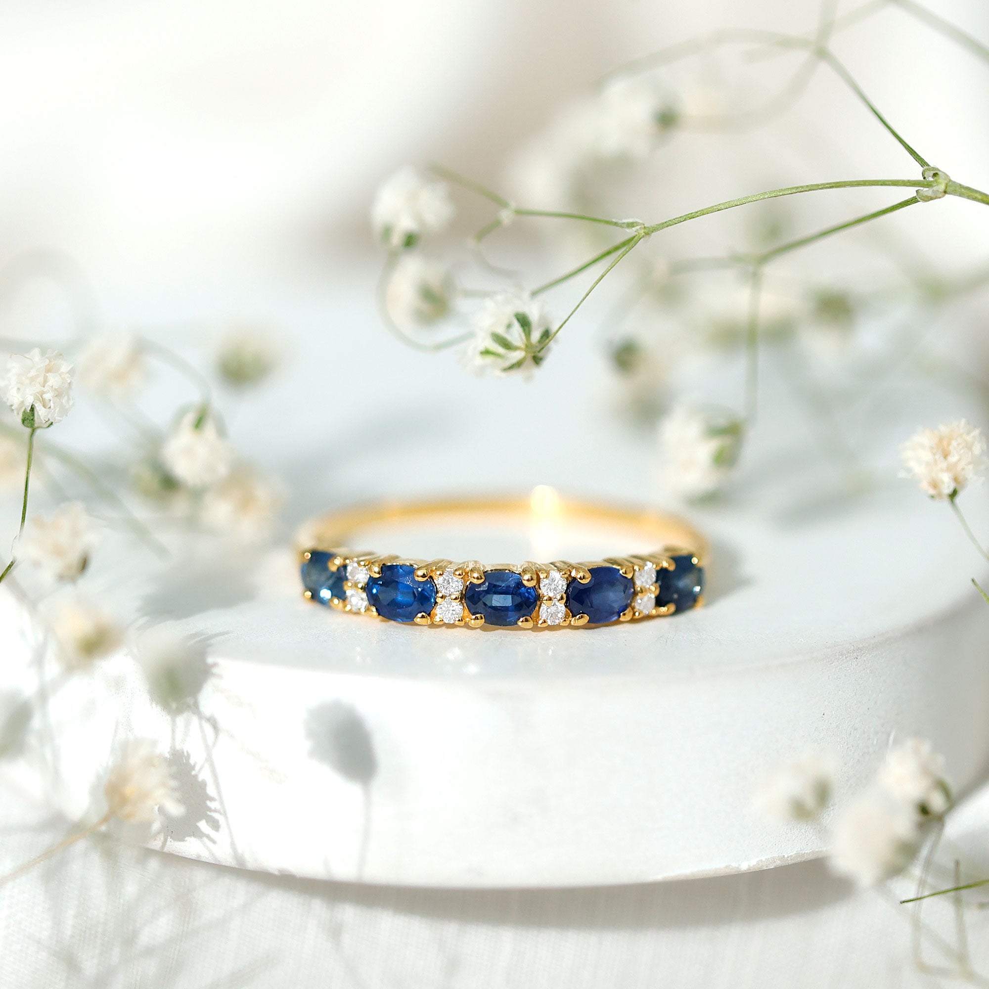 Natural 0.8 Carat Oval Blue Sapphire and Diamond Half Eternity Wedding Band AAA - Rosec Jewels