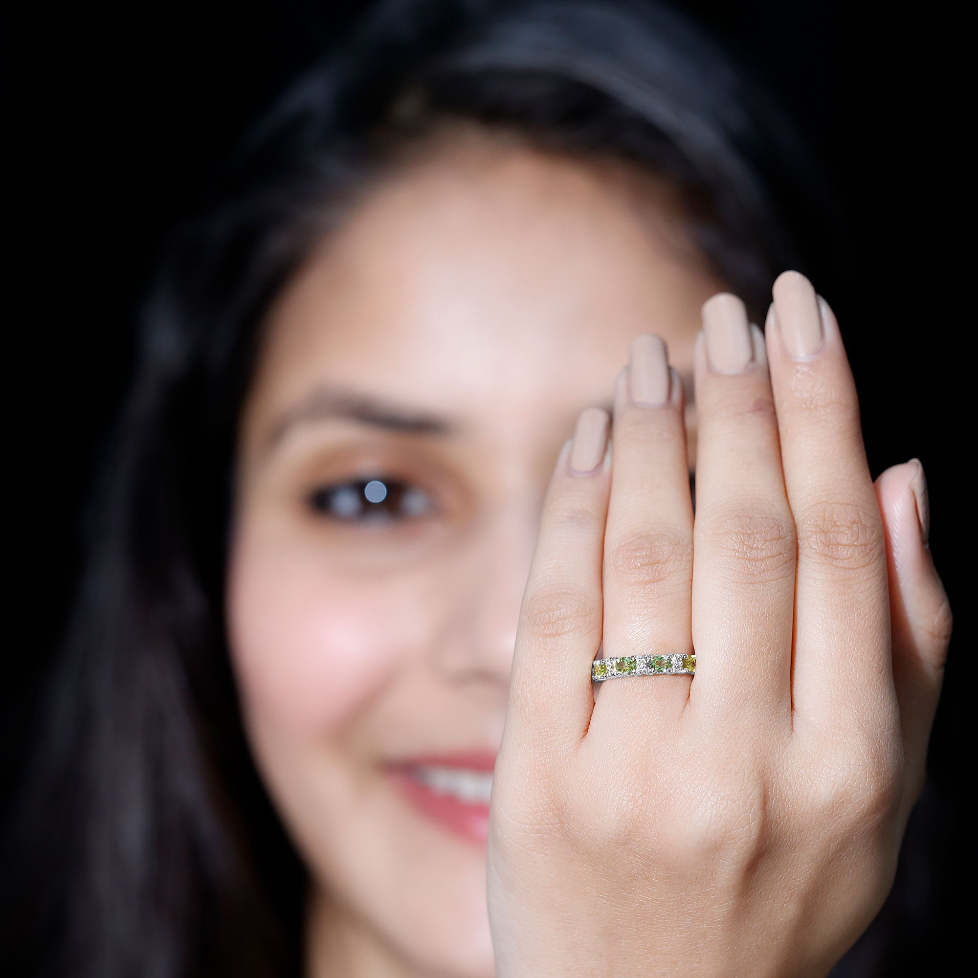 Natural Oval Peridot Diamond Half Eternity Ring in East West Style AAA - Rosec Jewels