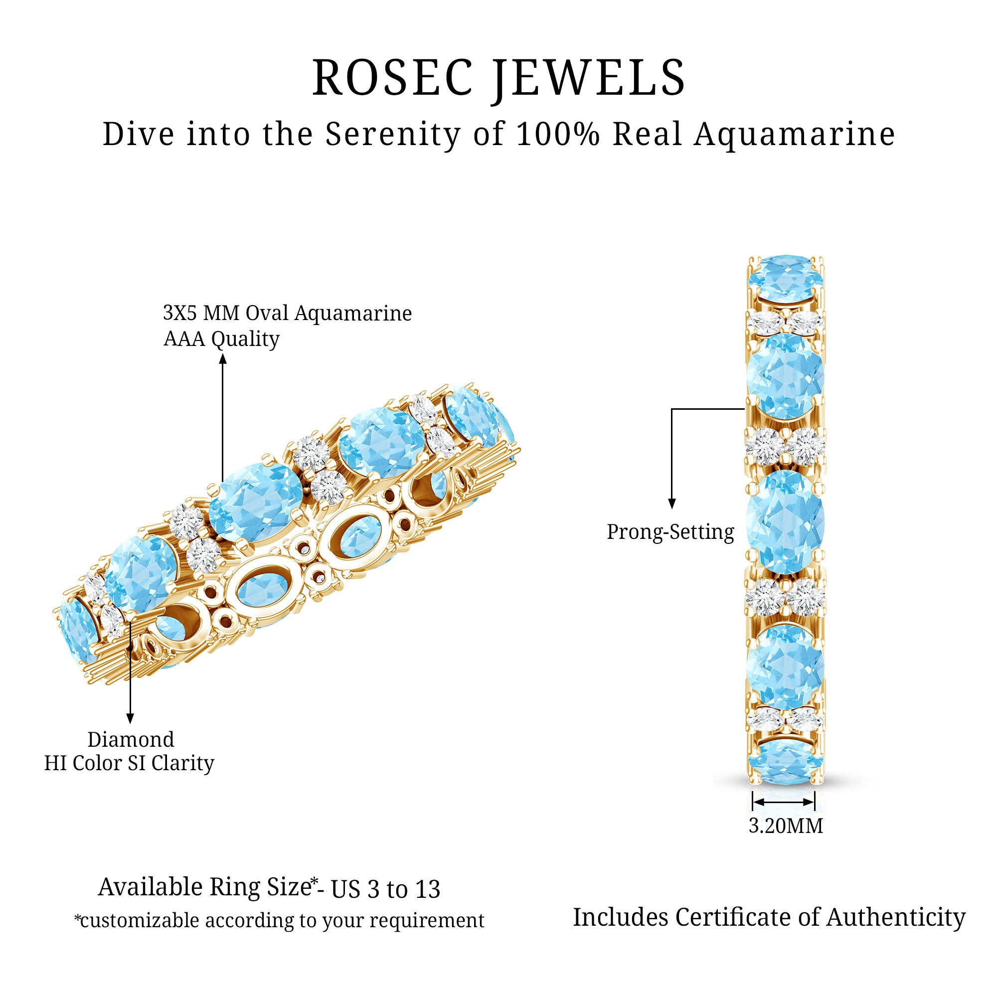 Natural Aquamarine Diamond Eternity Wedding Band in East West Style AAA - Rosec Jewels
