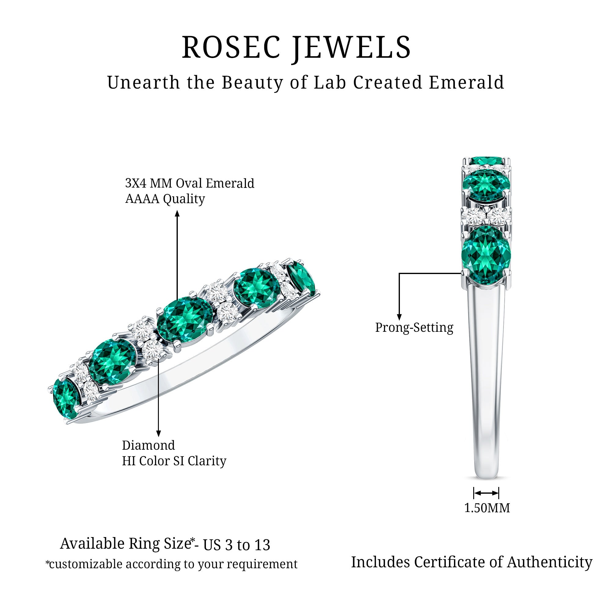 Certified Oval Lab Grown Emerald Half Eternity Ring with Diamond AAAA - Rosec Jewels