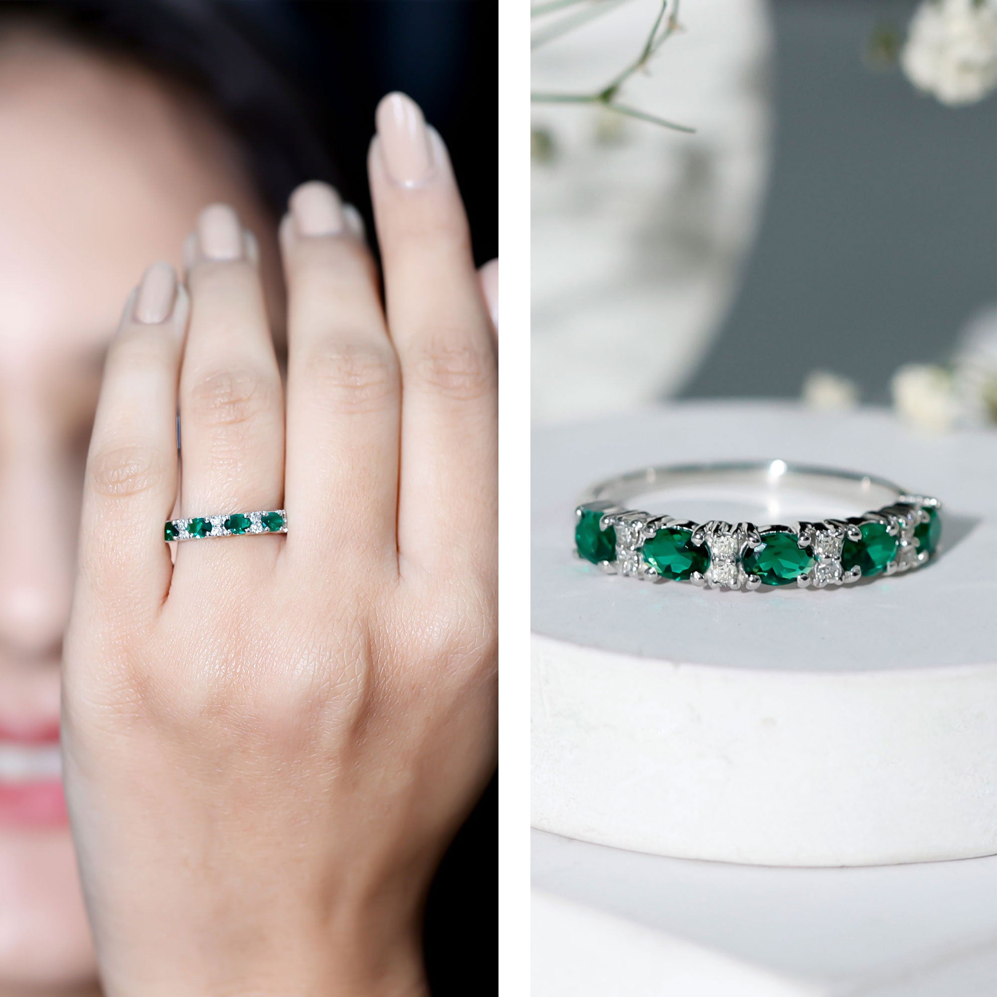 Certified Oval Lab Grown Emerald Half Eternity Ring with Diamond AAAA - Rosec Jewels