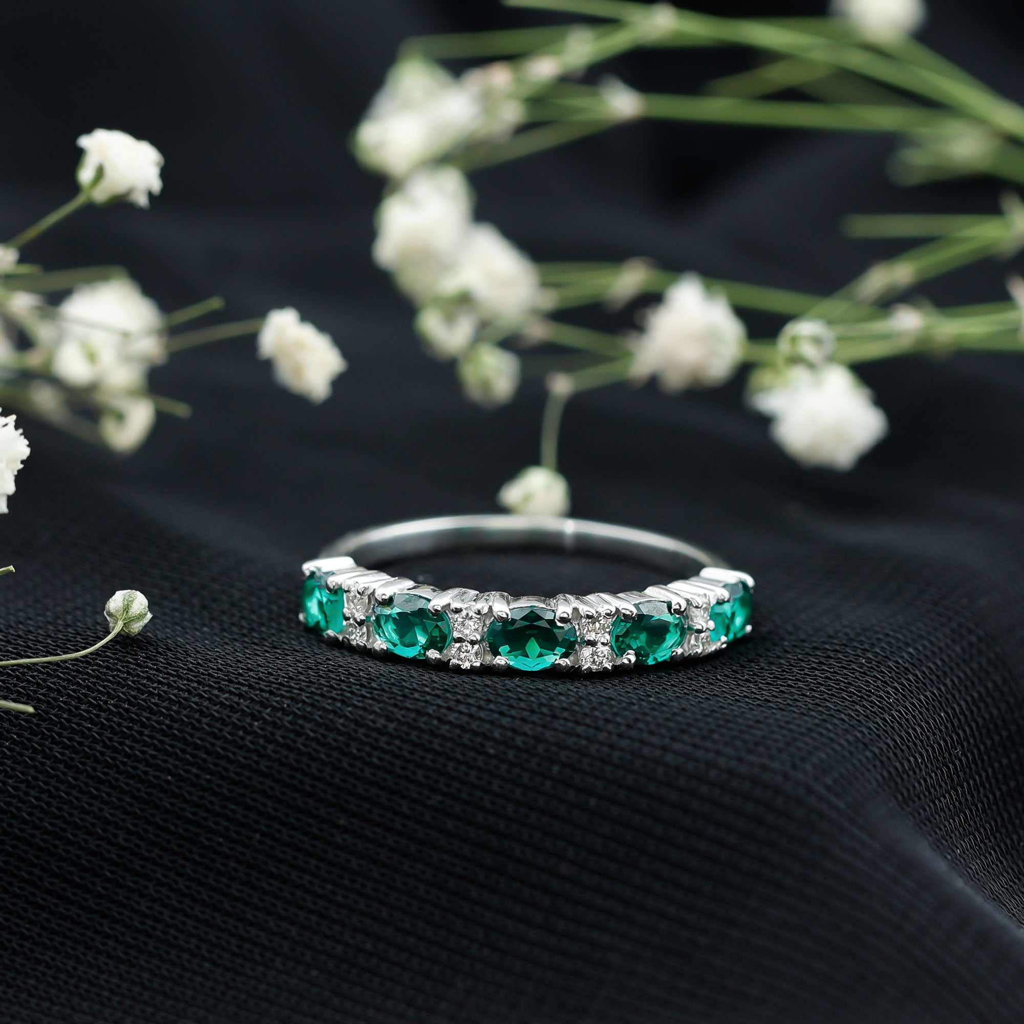 Certified Oval Lab Grown Emerald Half Eternity Ring with Diamond AAAA - Rosec Jewels