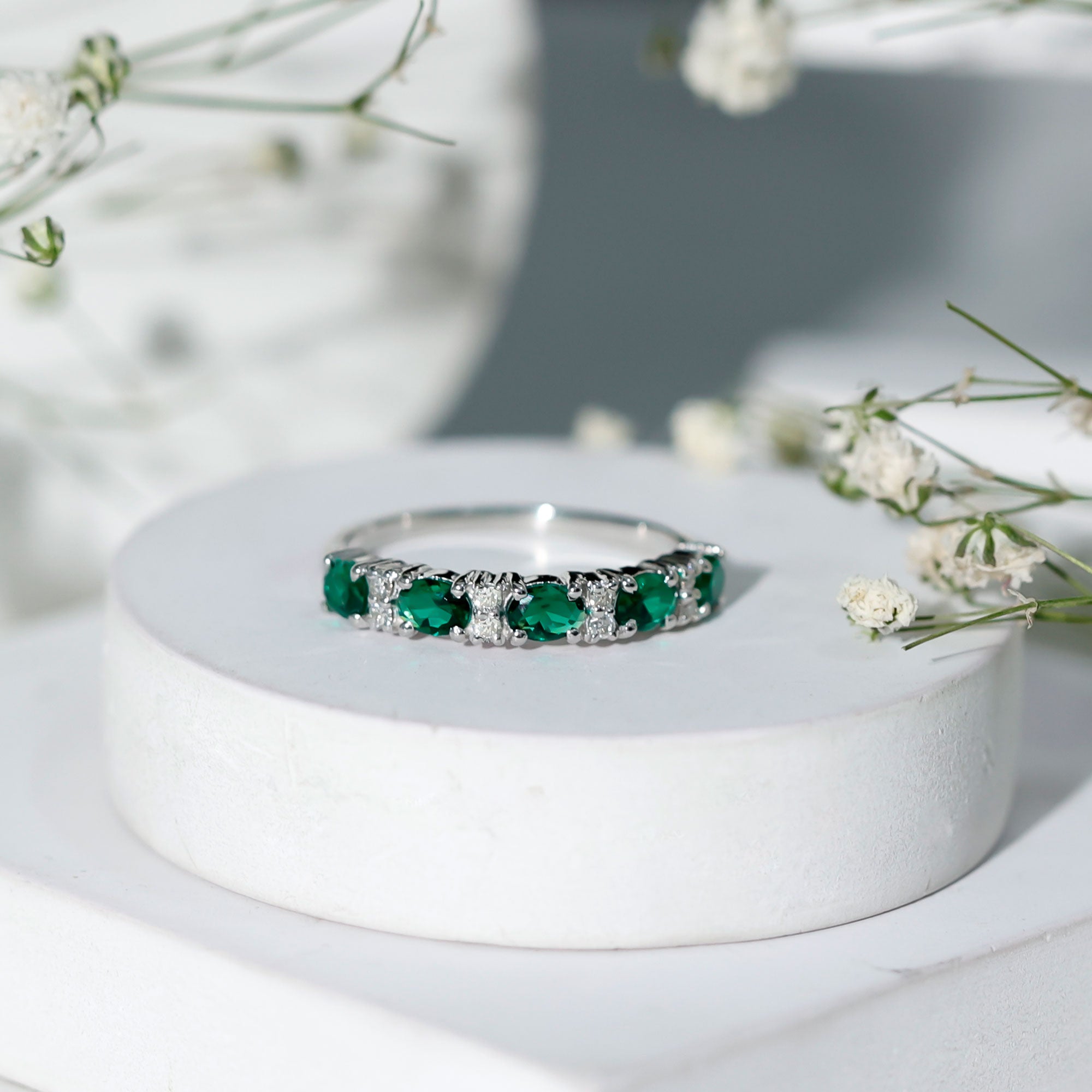 Certified Oval Lab Grown Emerald Half Eternity Ring with Diamond AAAA - Rosec Jewels