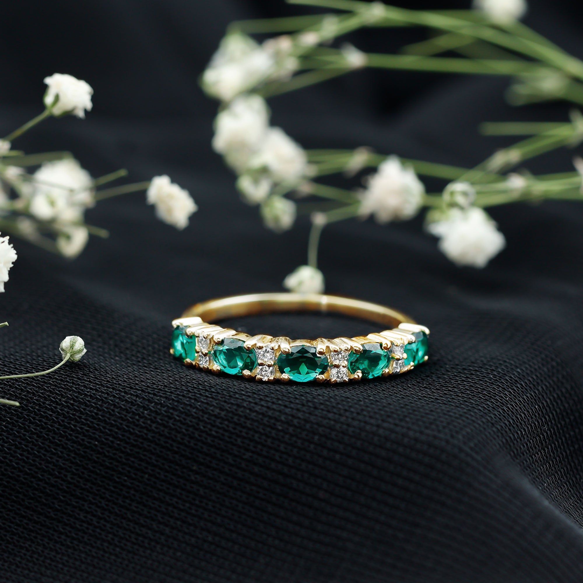 Certified Oval Lab Grown Emerald Half Eternity Ring with Diamond AAAA - Rosec Jewels