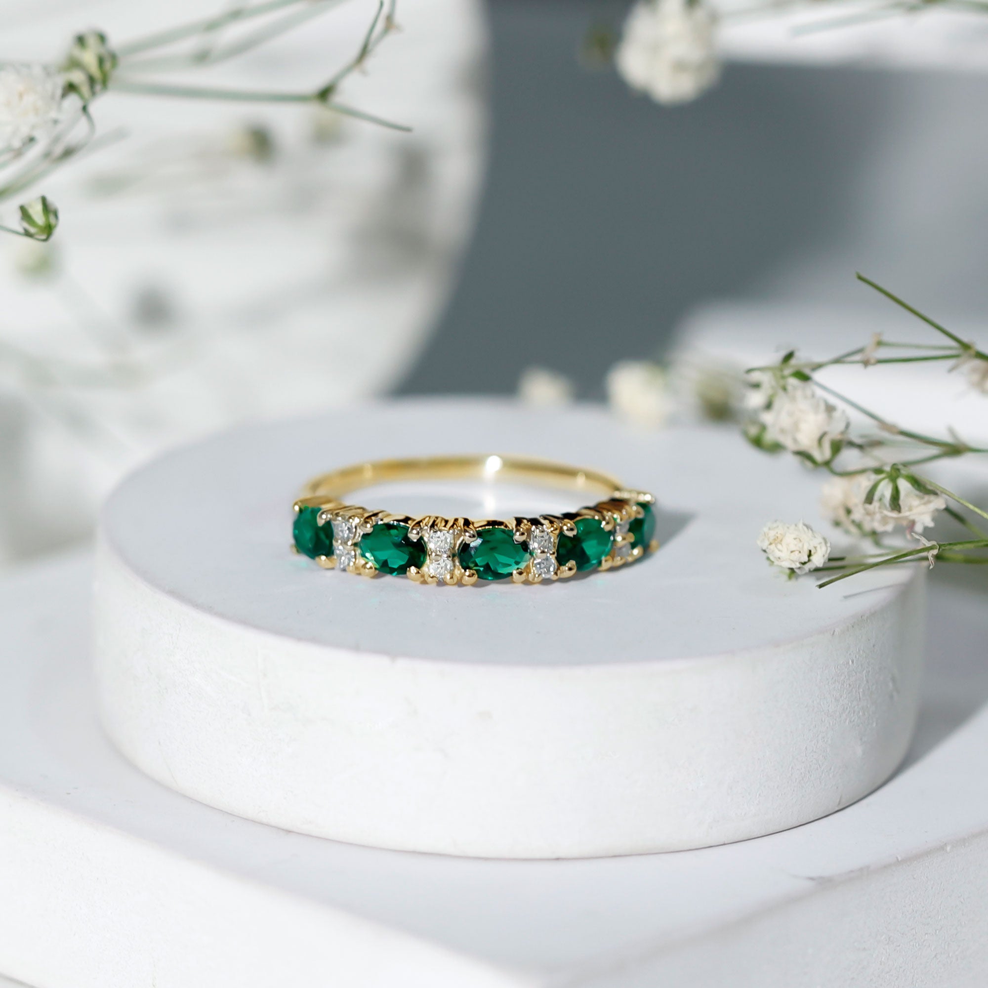 Certified Oval Lab Grown Emerald Half Eternity Ring with Diamond AAAA - Rosec Jewels
