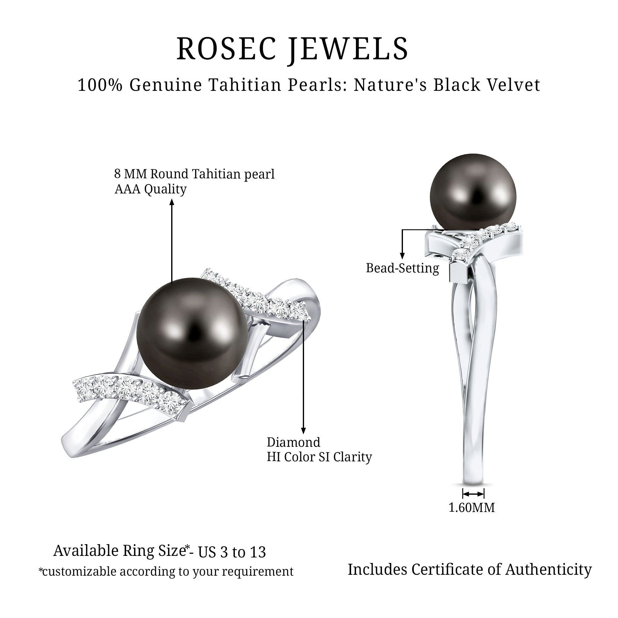 Tahitian Pearl Solitaire Ring with Diamond Accent AAA - Rosec Jewels