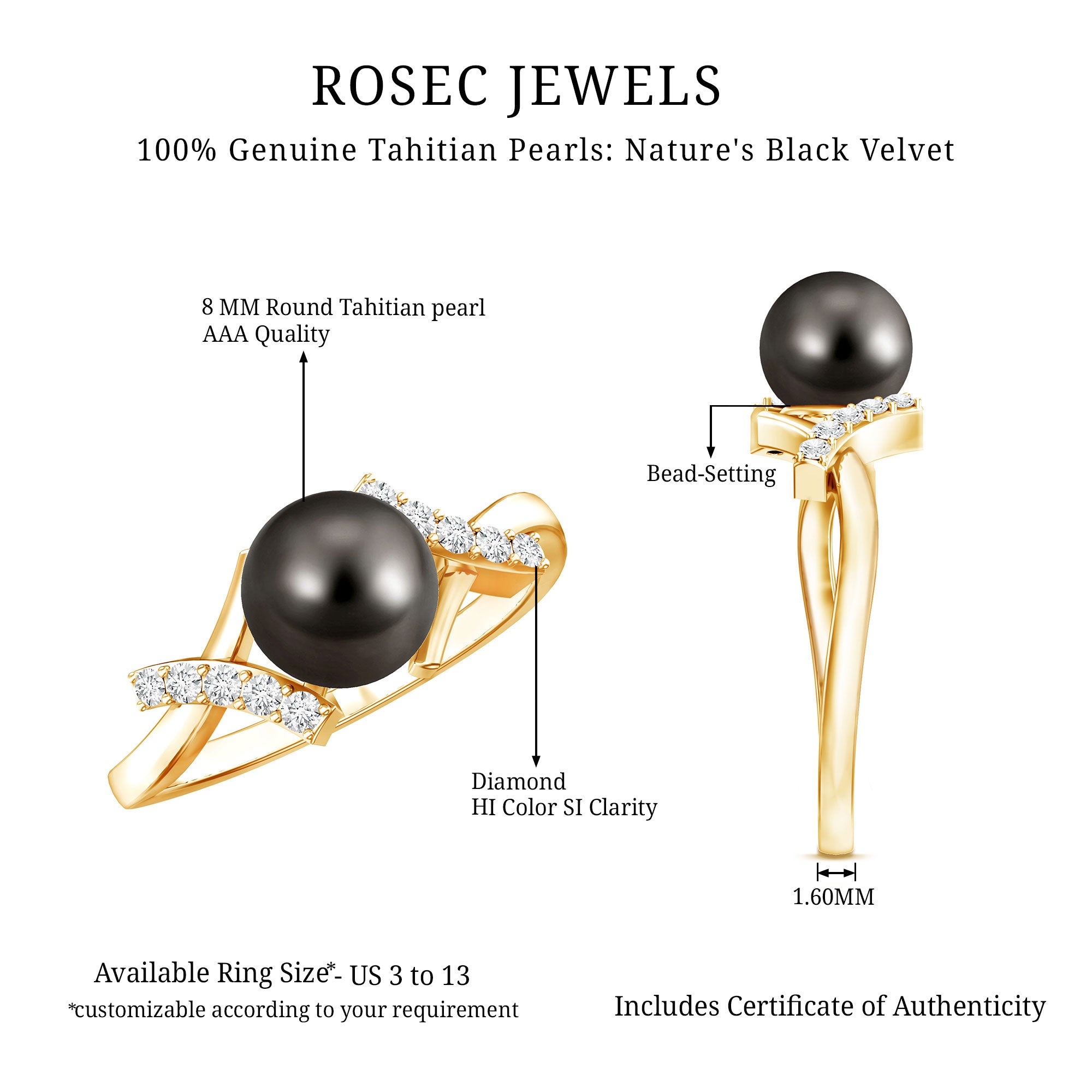 Tahitian Pearl Solitaire Ring with Diamond Accent AAA - Rosec Jewels