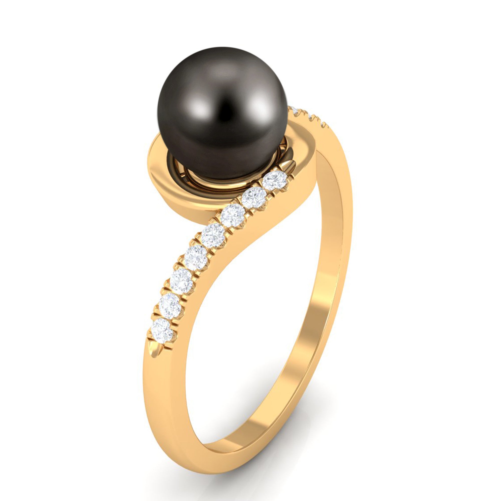 Solitaire Tahitian Pearl Bypass Engagement Ring with Diamond AAA - Rosec Jewels