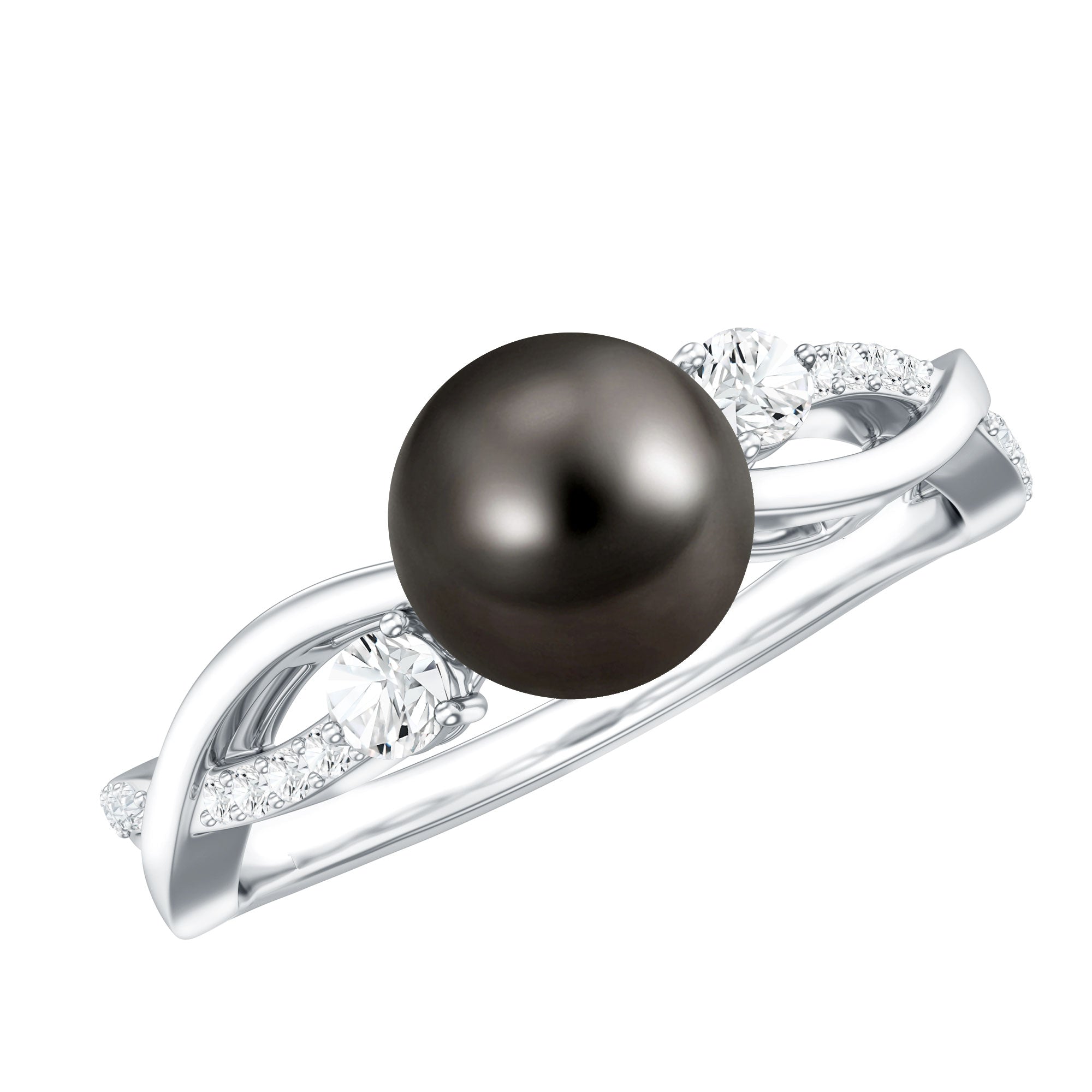 Tahitian Pearl and Diamond Crossover Engagement Ring AAA - Rosec Jewels