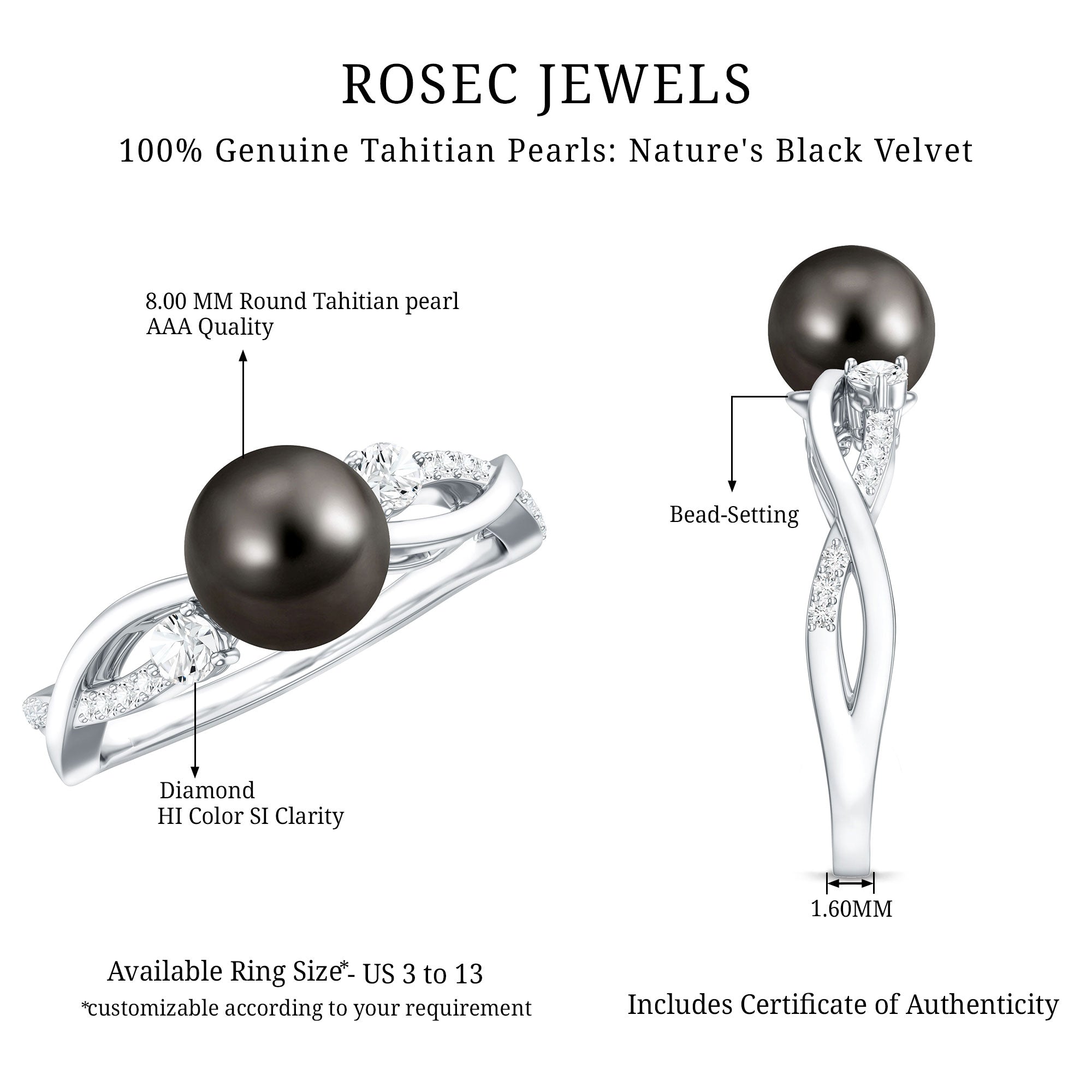 Tahitian Pearl and Diamond Crossover Engagement Ring AAA - Rosec Jewels