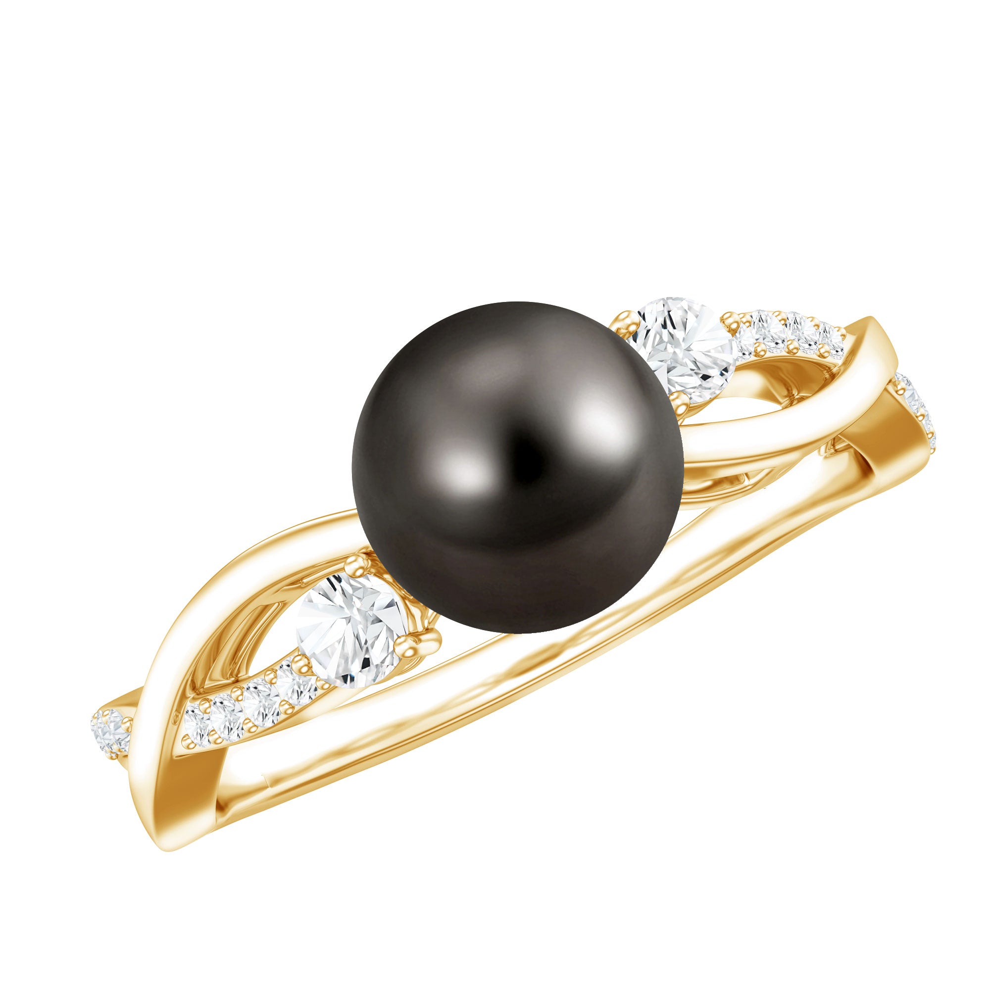 Tahitian Pearl and Diamond Crossover Engagement Ring AAA - Rosec Jewels