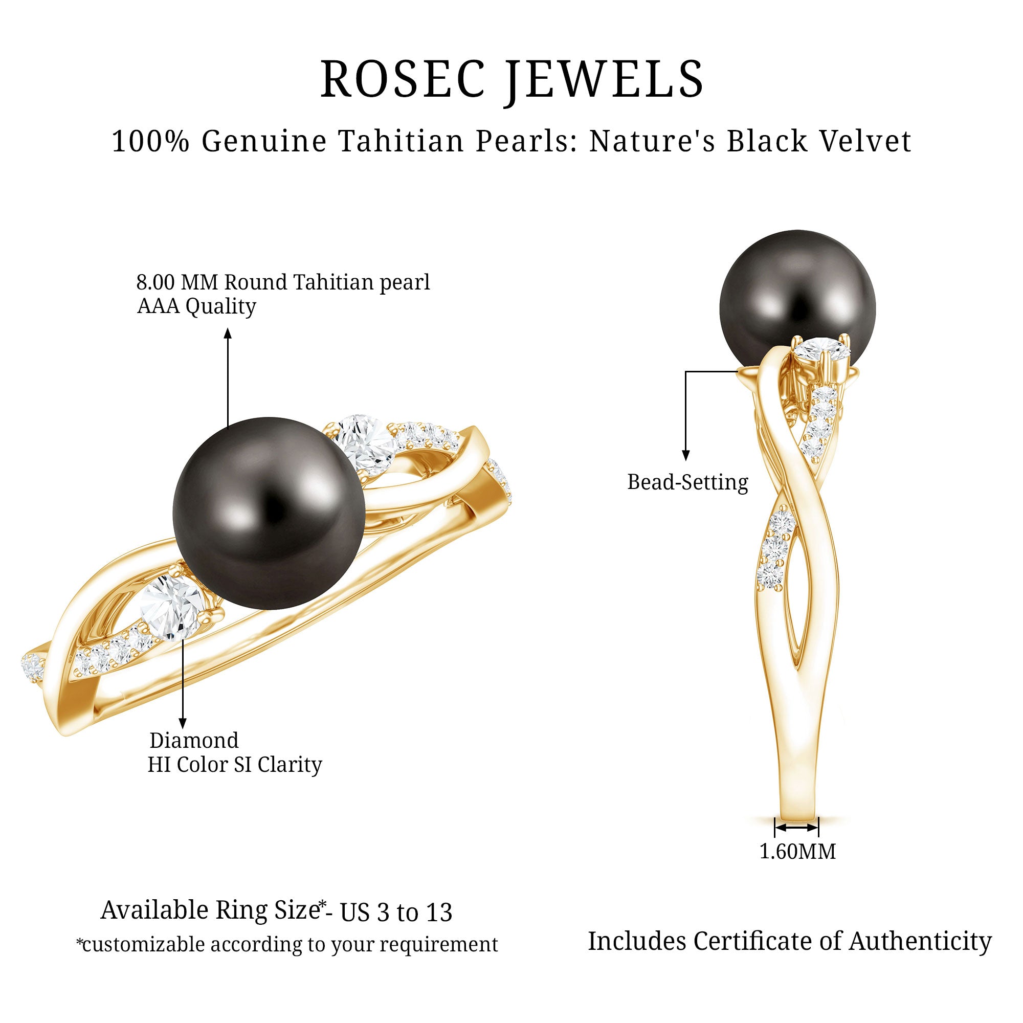 Tahitian Pearl and Diamond Crossover Engagement Ring AAA - Rosec Jewels