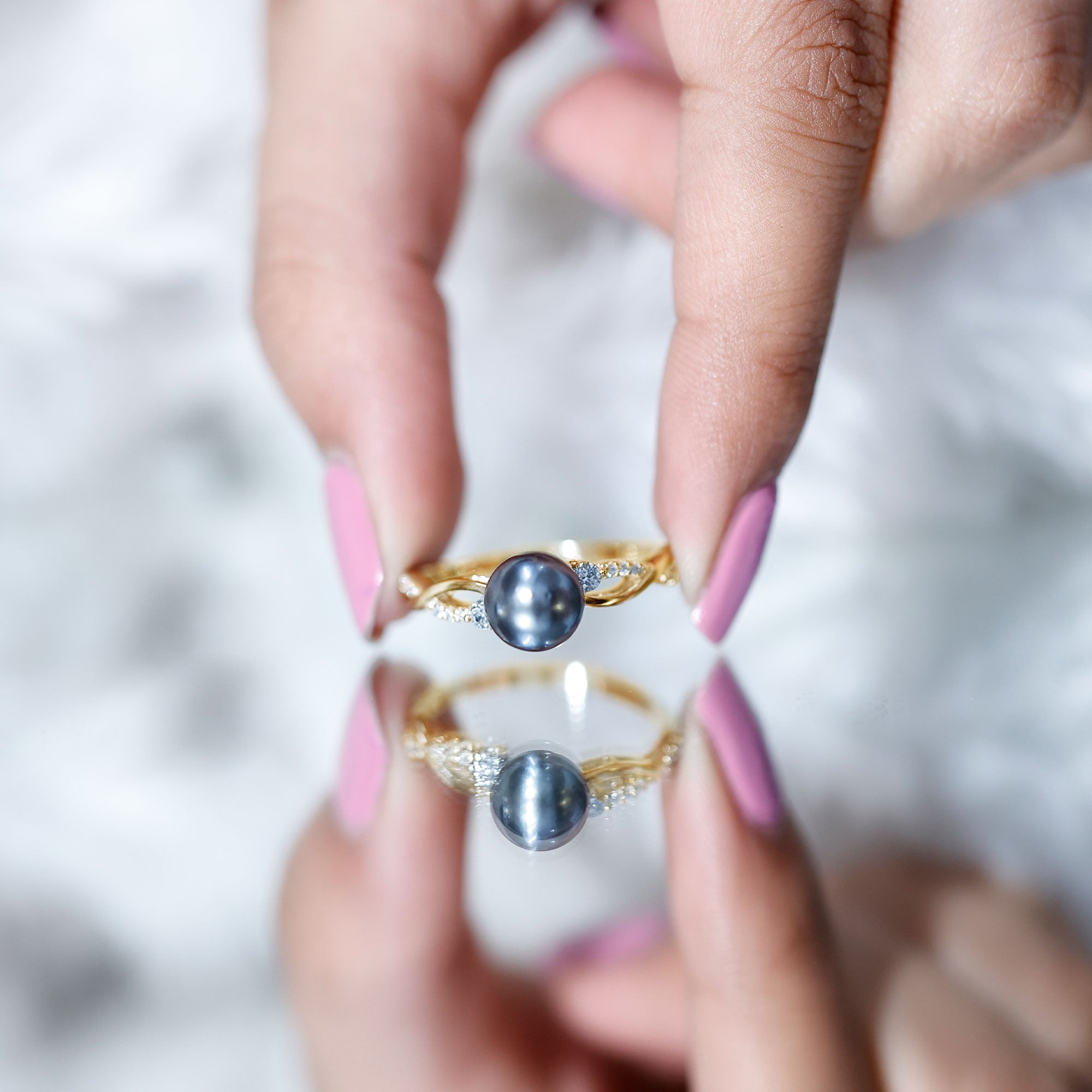 Tahitian Pearl and Diamond Crossover Engagement Ring AAA - Rosec Jewels