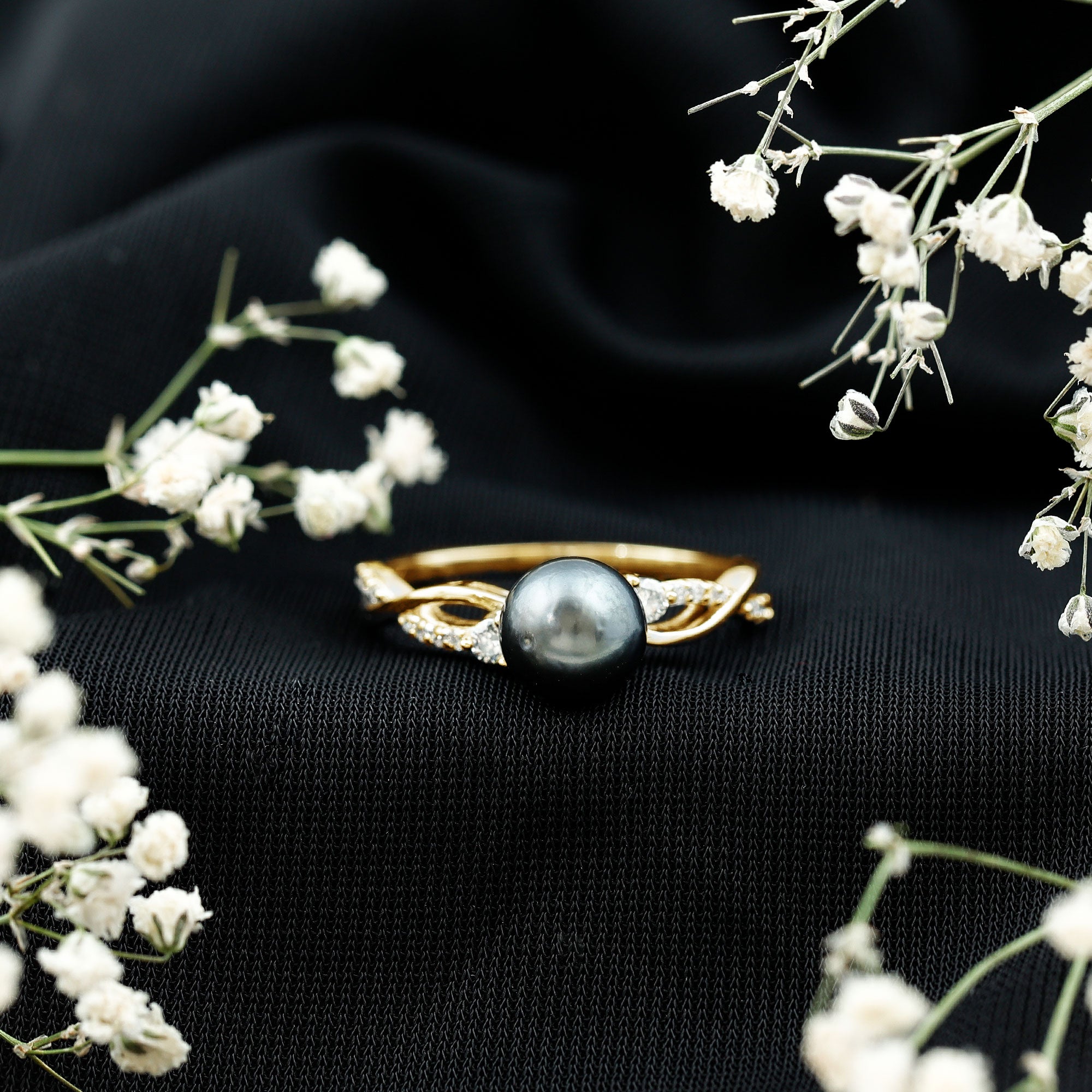 Tahitian Pearl and Diamond Crossover Engagement Ring AAA - Rosec Jewels