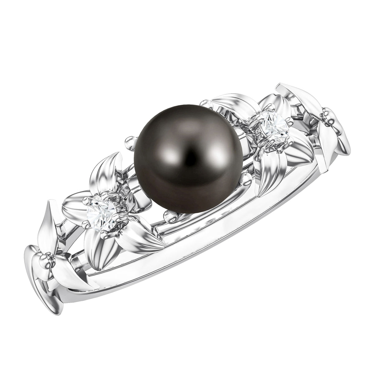 7.5 Carat Genuine Tahitian Black Pearl Flower Engagement Ring with Diamond AAA - Rosec Jewels