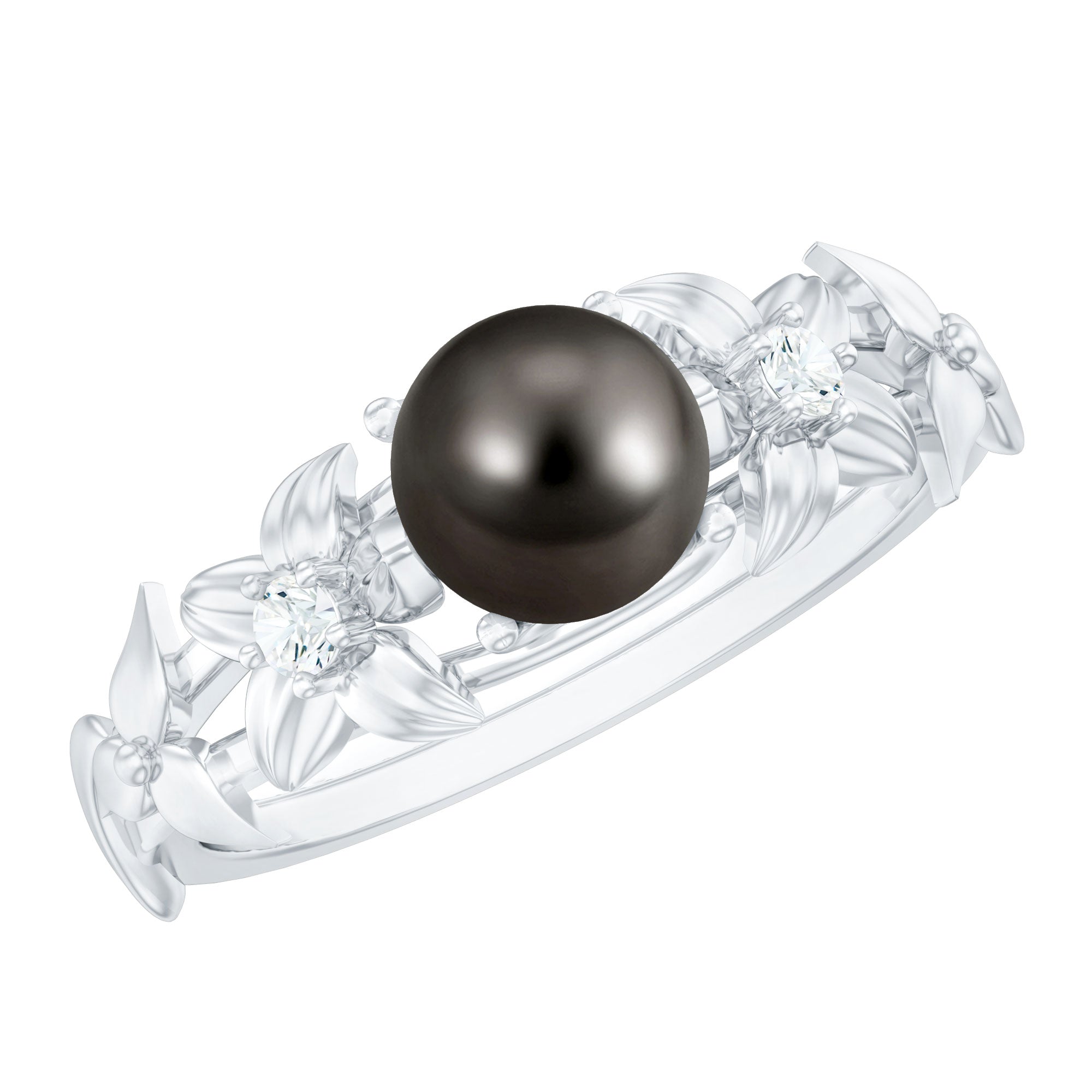 Rosec Jewels-Genuine 8 Carat Tahitian Black Pearl Flower Engagement Ring with Diamond
