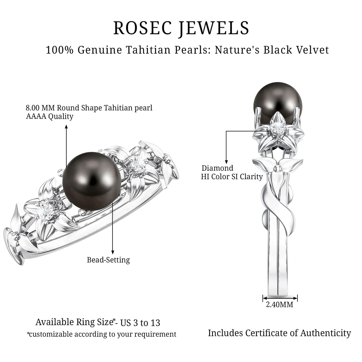 7.5 Carat Genuine Tahitian Black Pearl Flower Engagement Ring with Diamond AAA - Rosec Jewels