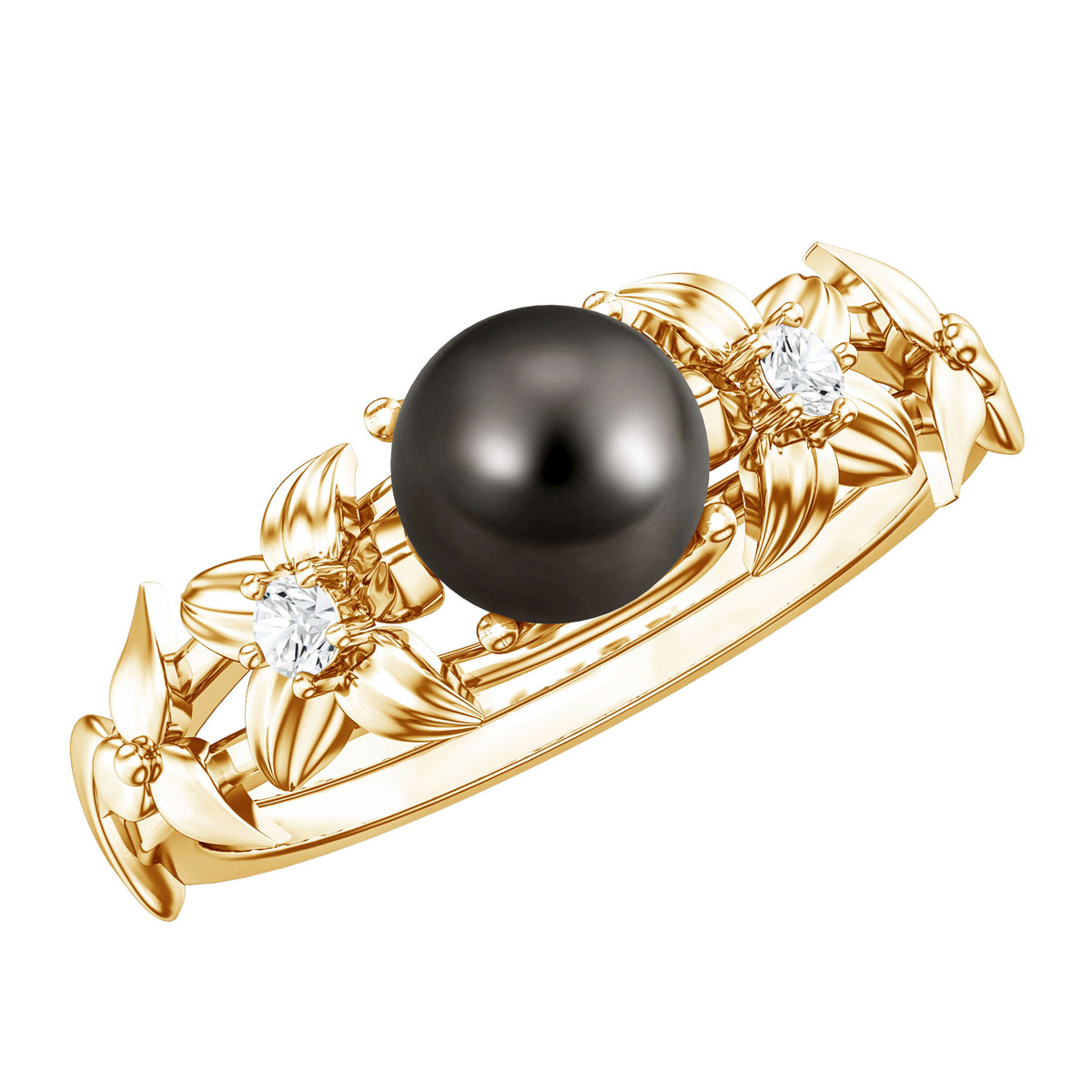7.5 Carat Genuine Tahitian Black Pearl Flower Engagement Ring with Diamond AAA - Rosec Jewels