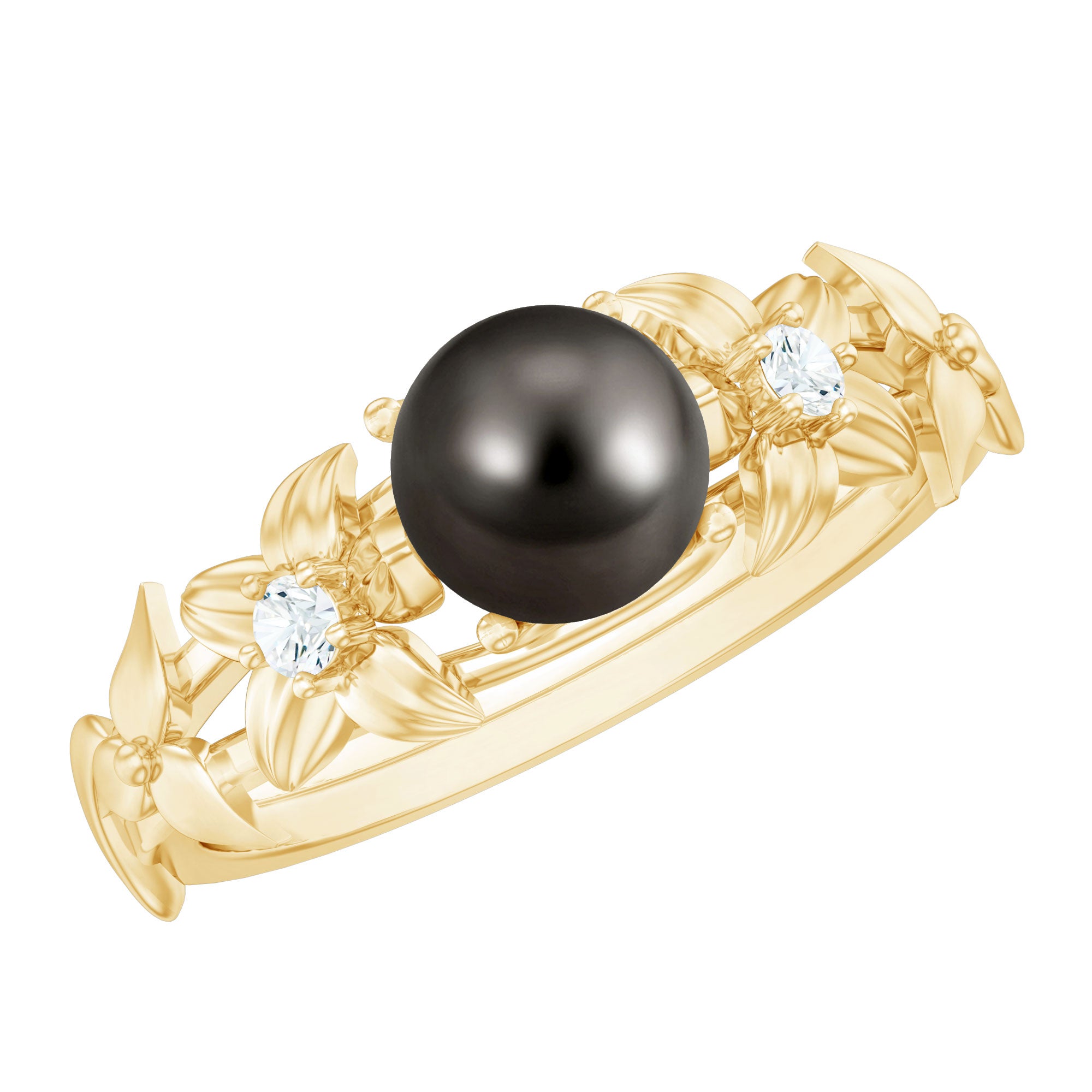 Rosec Jewels-Genuine 8 Carat Tahitian Black Pearl Flower Engagement Ring with Diamond